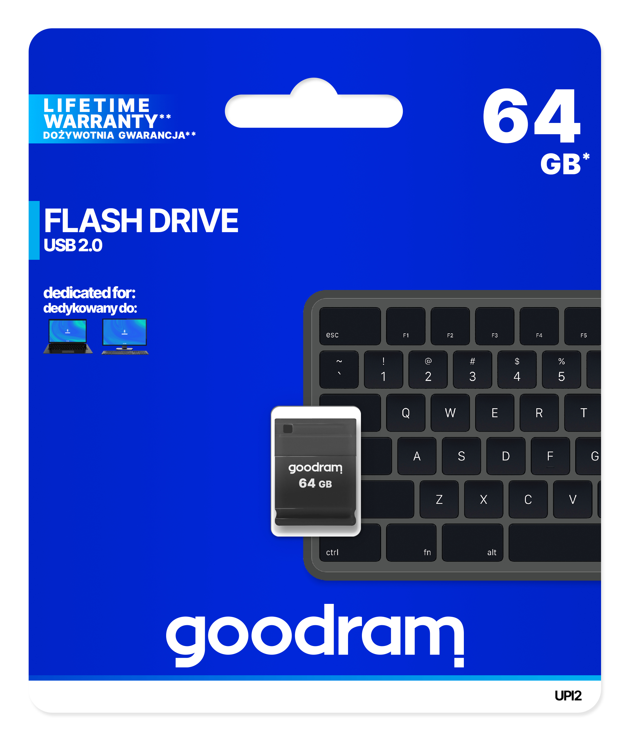 Pamięć USB w niebieskim opakowaniu, klawiatura i dysk Goodram 64 GB.