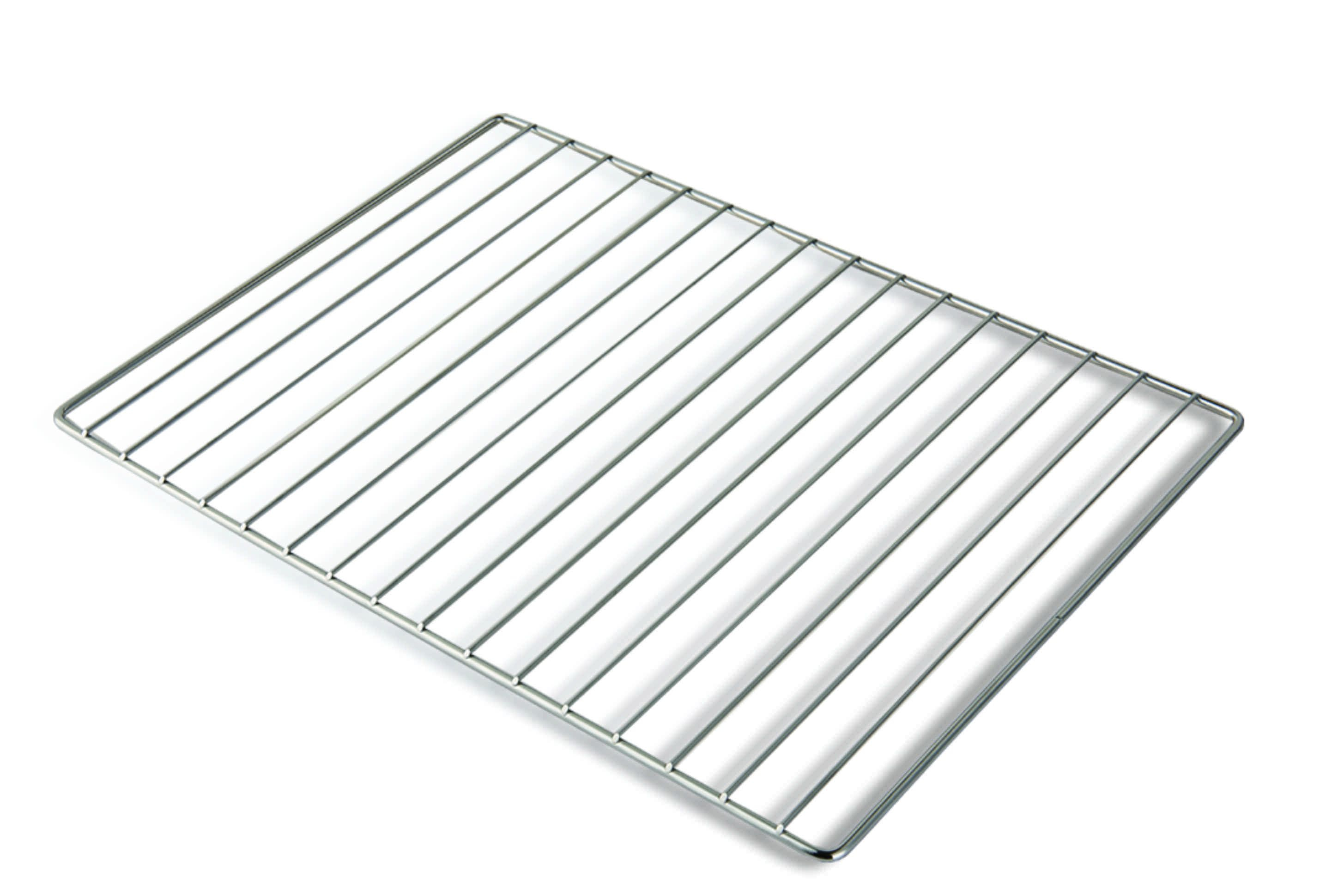 Rejilla metálica para horno sobre fondo blanco. Patrón de rejilla con líneas paralelas, color plata.