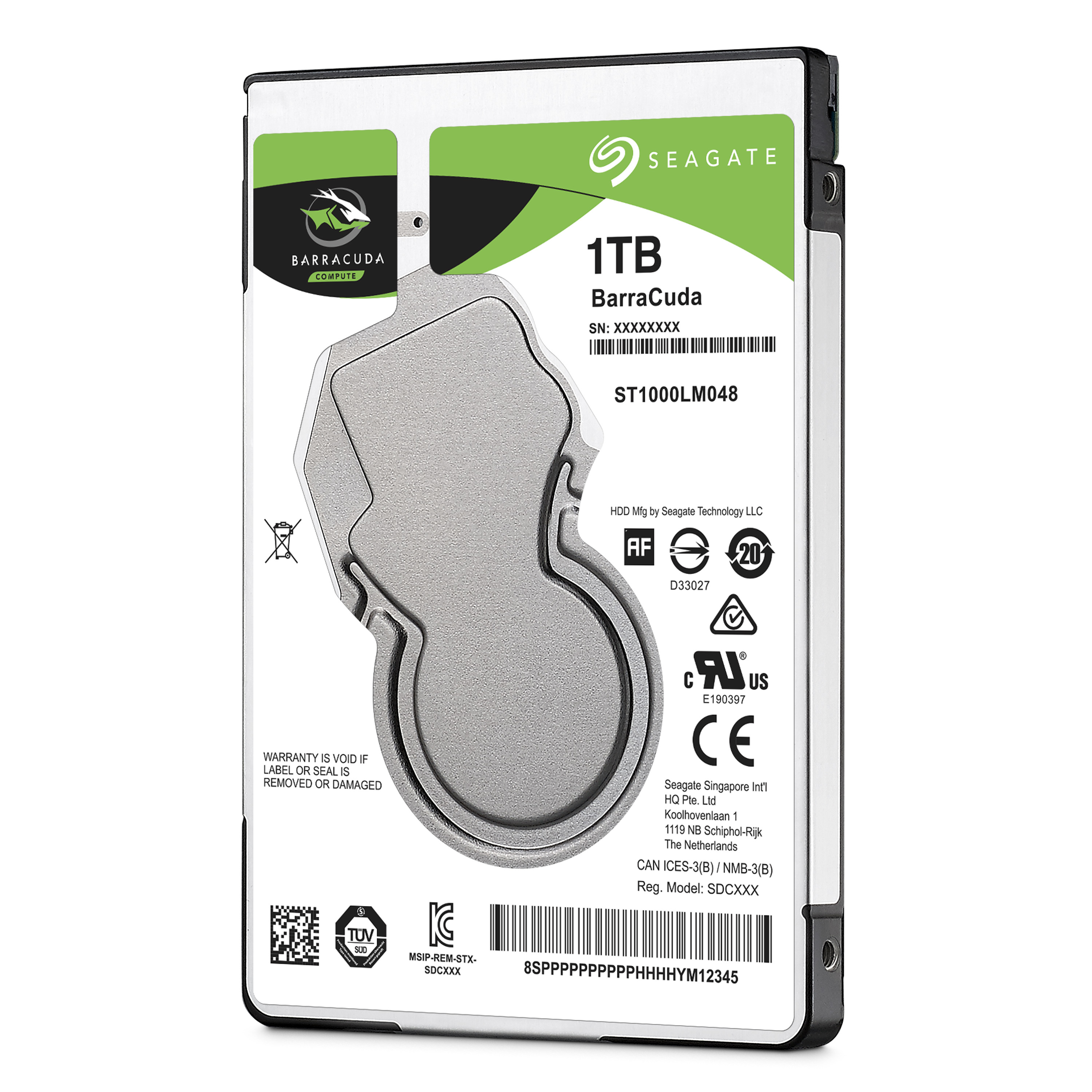 Disco rigido Seagate Barracuda da 1 TB, etichetta verde e nera, sfondo bianco.