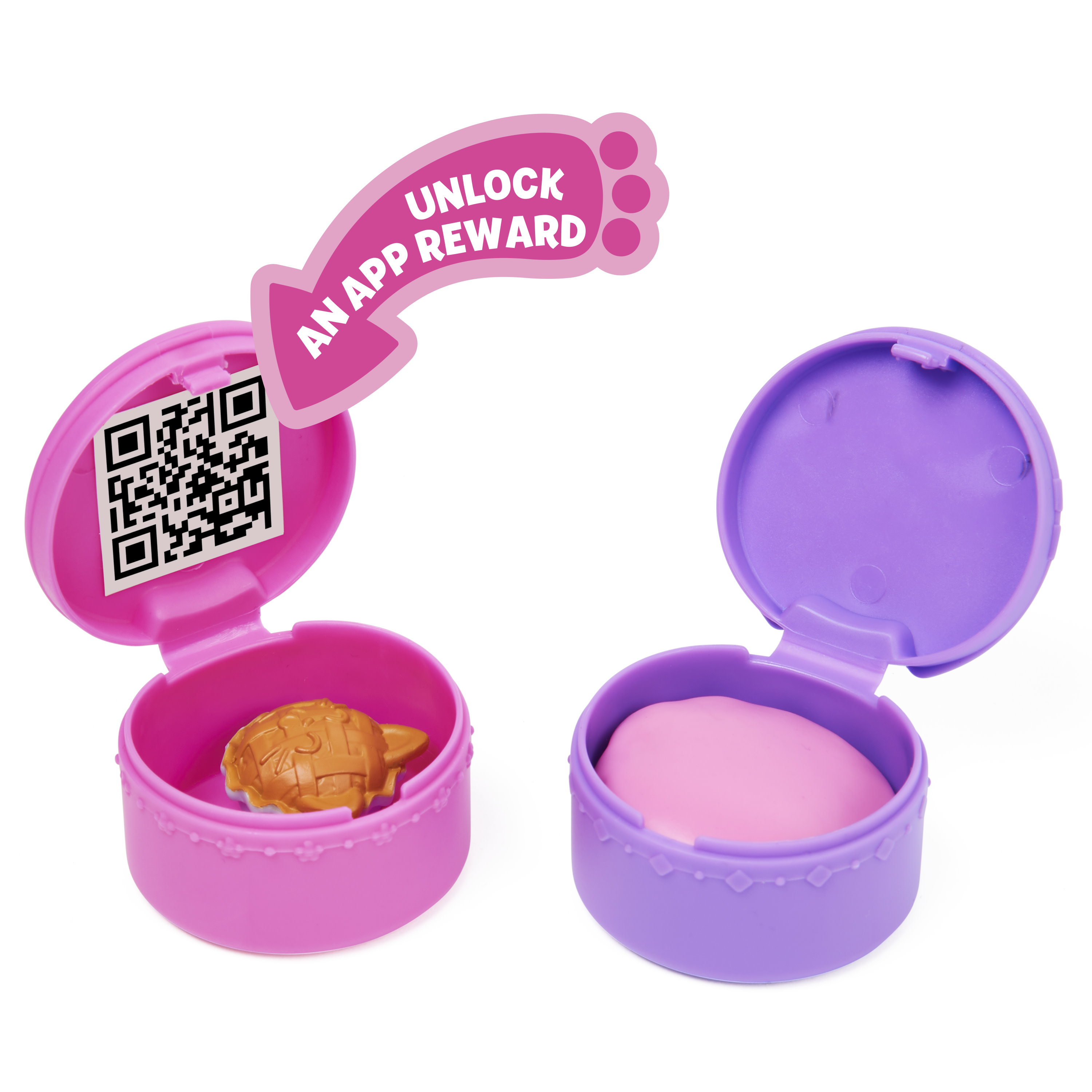 Zwei offene Spielzeugbehälter, einer rosa und einer lila, mit einem QR-Code und einem Spielzeug darin.