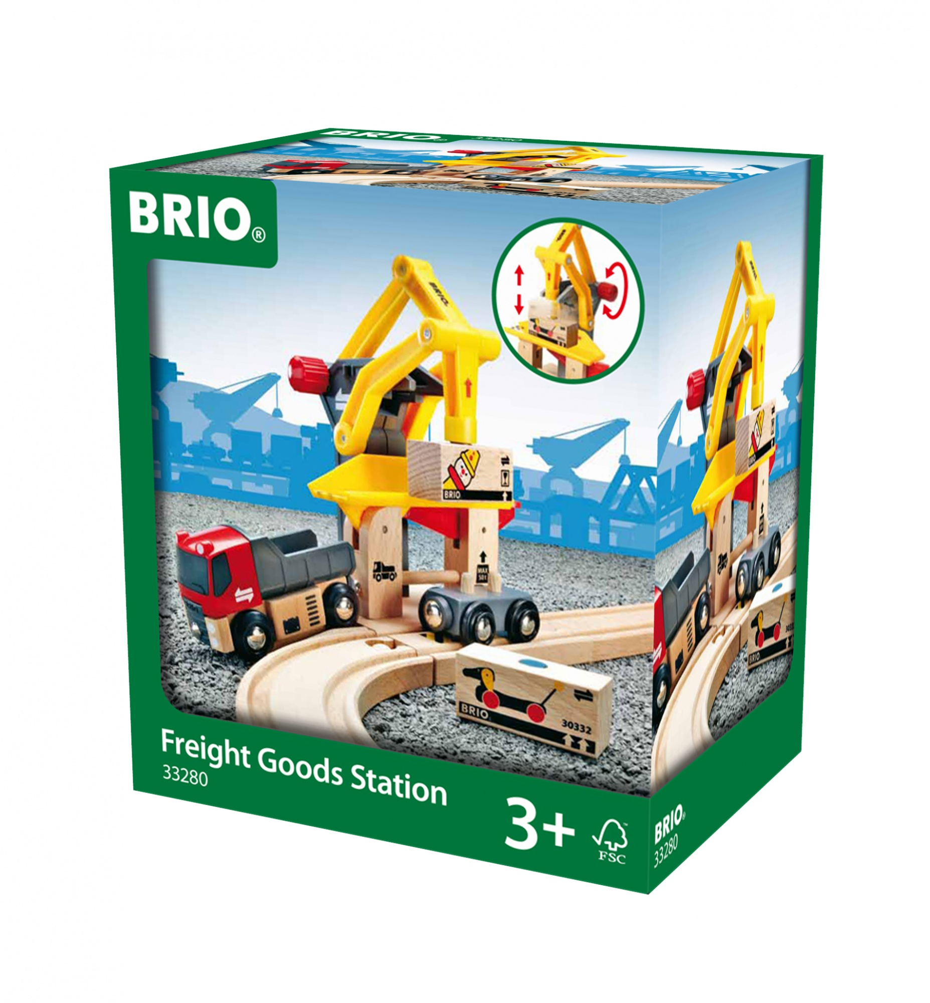 Verpacktes Brio Freight Goods Station Spielzeugset. Zeigt einen Kran, Zug, LKW und Holzschienen.