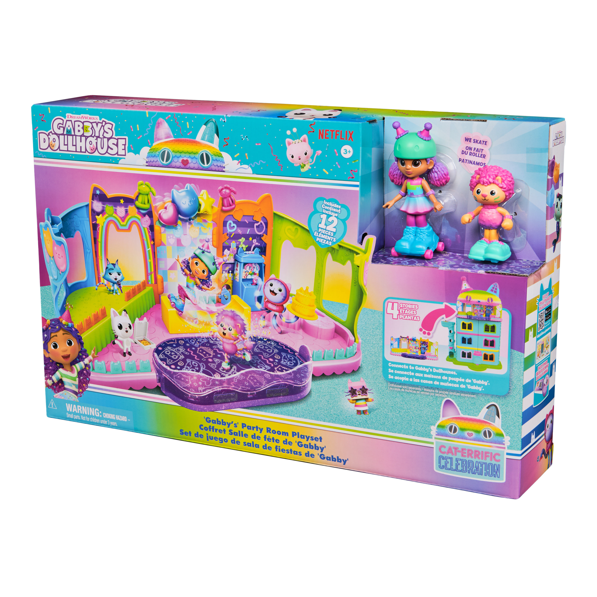Viene mostrato un playset di Gabby's Dollhouse. Include un palco, figurine e altri accessori. La scatola è visibile.