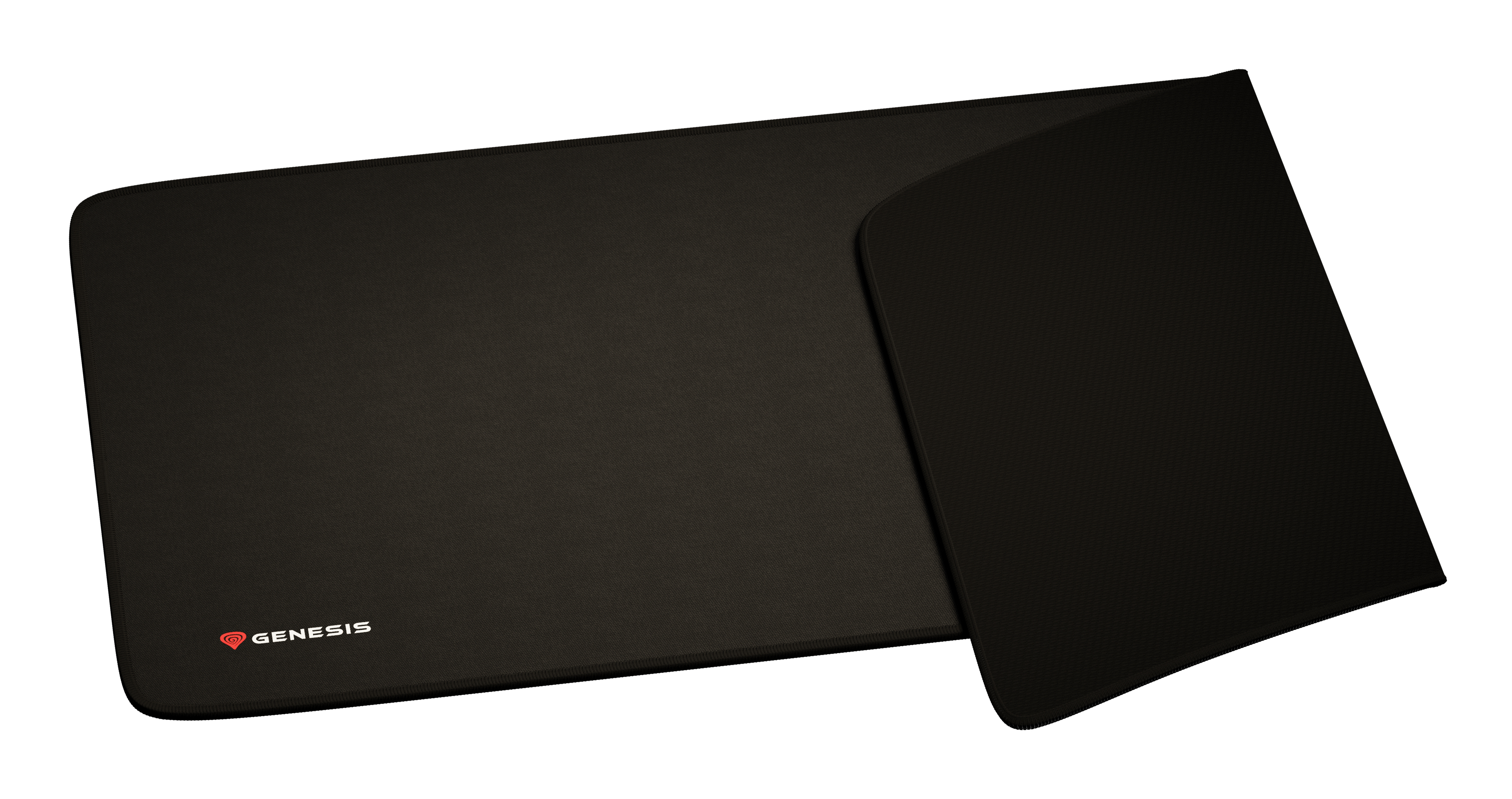 Tapis de souris gaming noir avec grande surface, logo Genesis et section angulaire pour la souris.