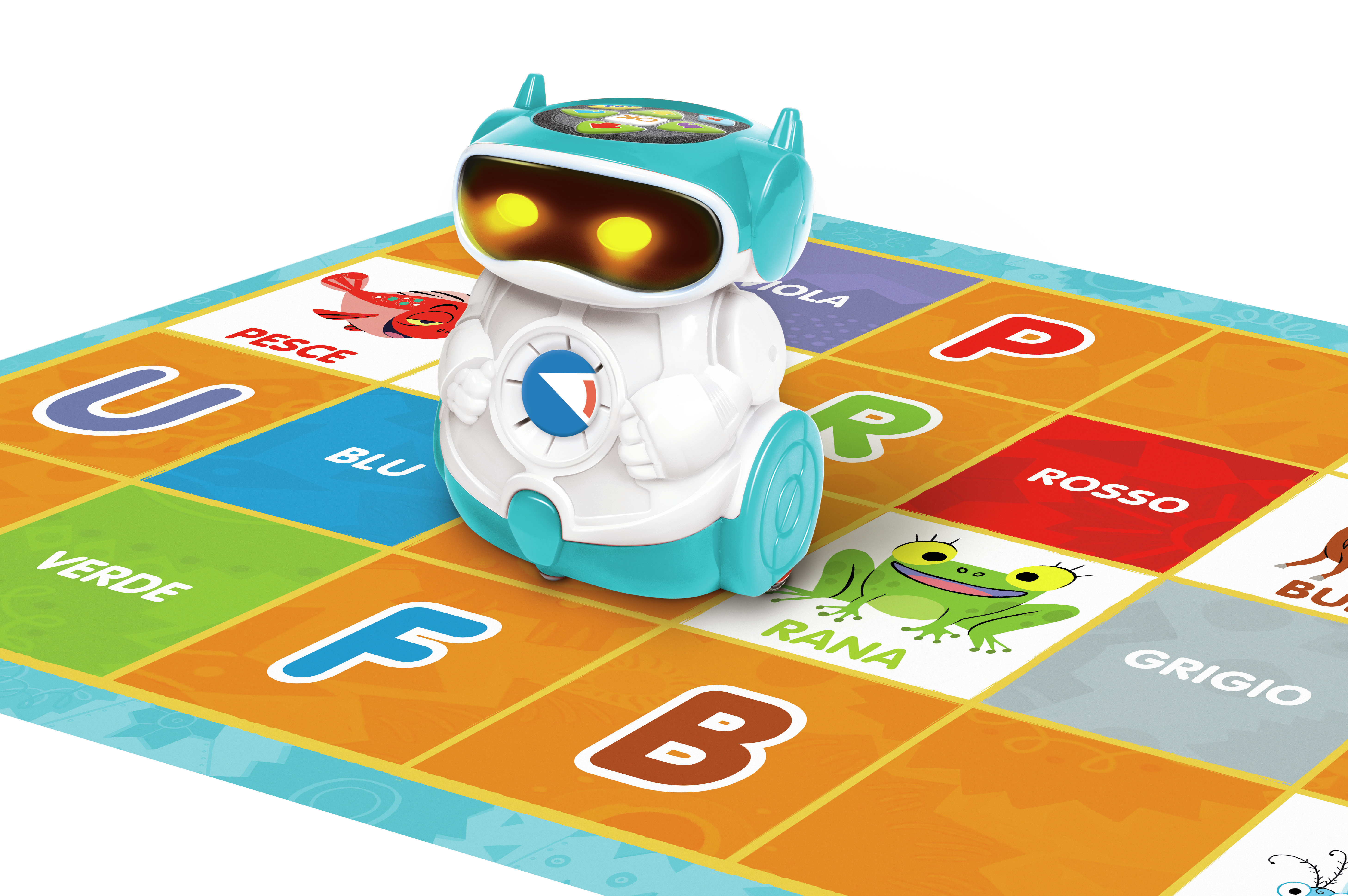 Weißes und blaugrünes Roboter-Spielzeug auf einer bunten Spielmatte.