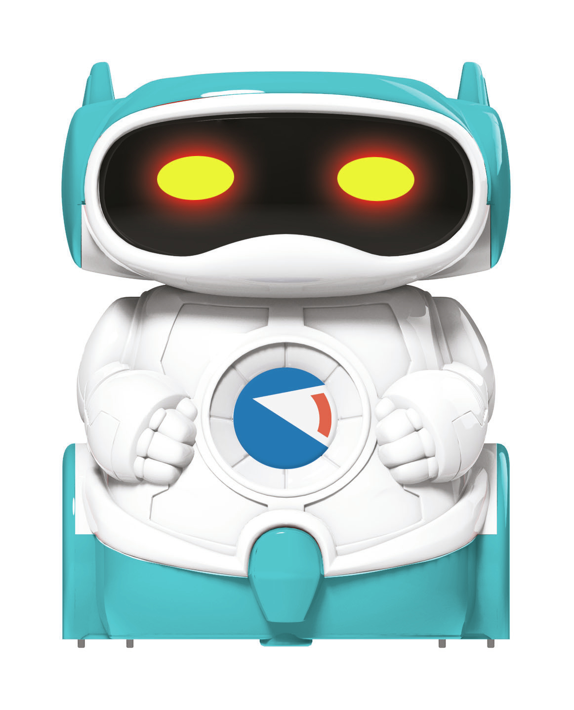 Weiß-türkisfarbener Roboter-Spielzeug mit gelb leuchtenden Augen. Weißer Hintergrund, Nahaufnahme, Vorderansicht.