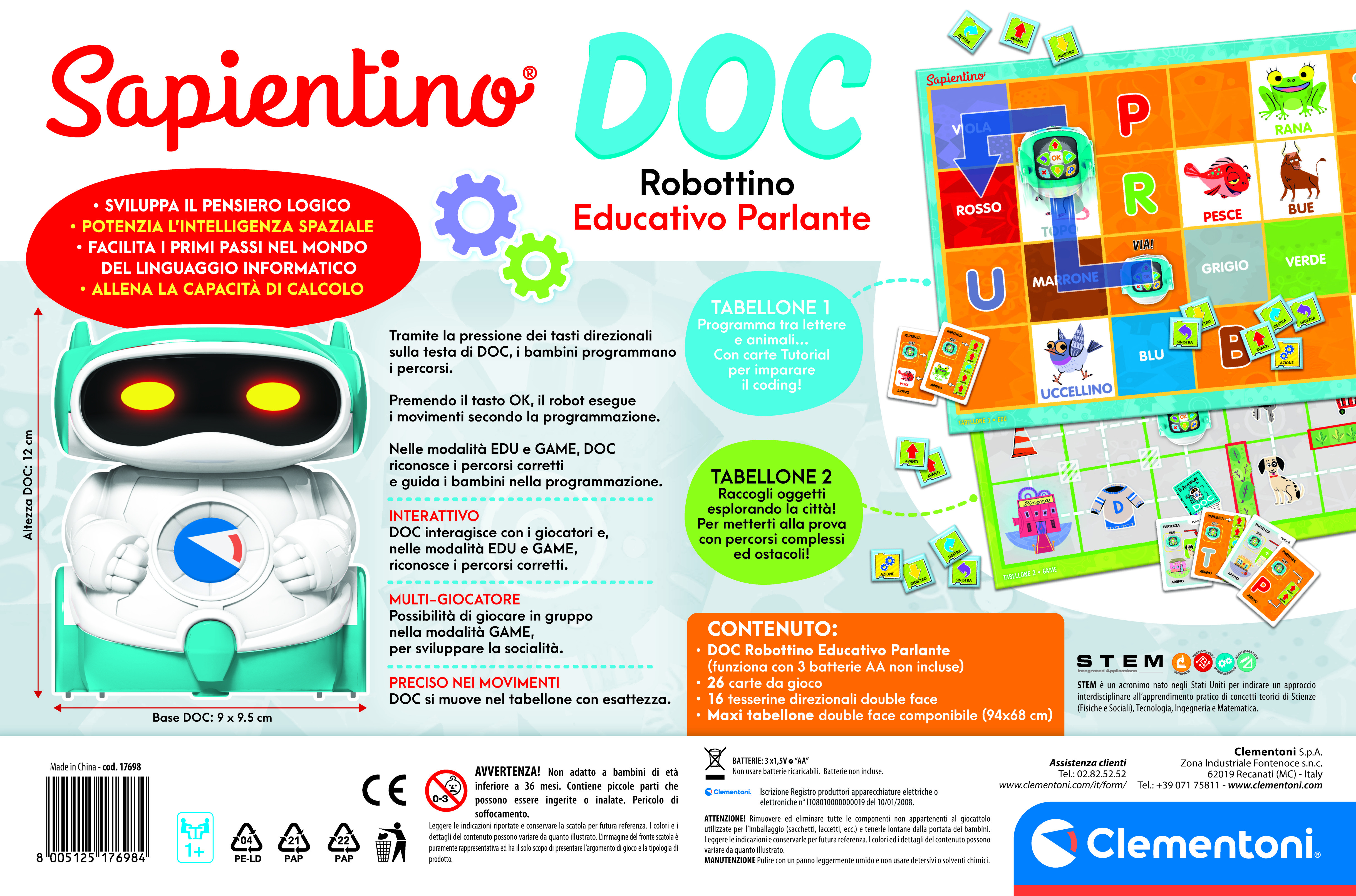 Eine Schachtel für ein Roboterspielzeug namens Sapientino DOC. Die Schachtel zeigt den Roboter und Bildungsinformationen.