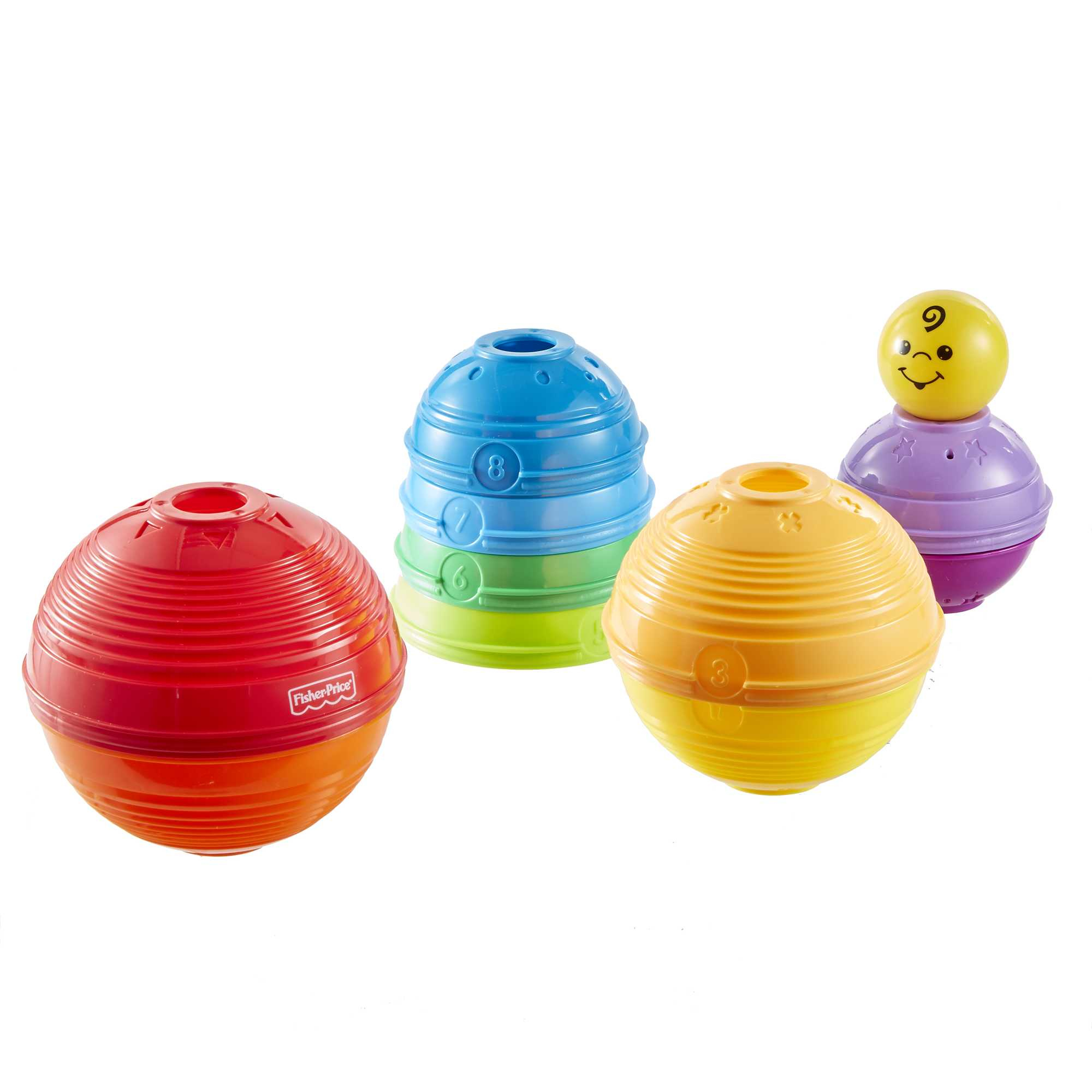 Ein Satz bunter Stapelspielzeuge mit einem lächelnden Gesicht auf dem obersten Spielzeug.