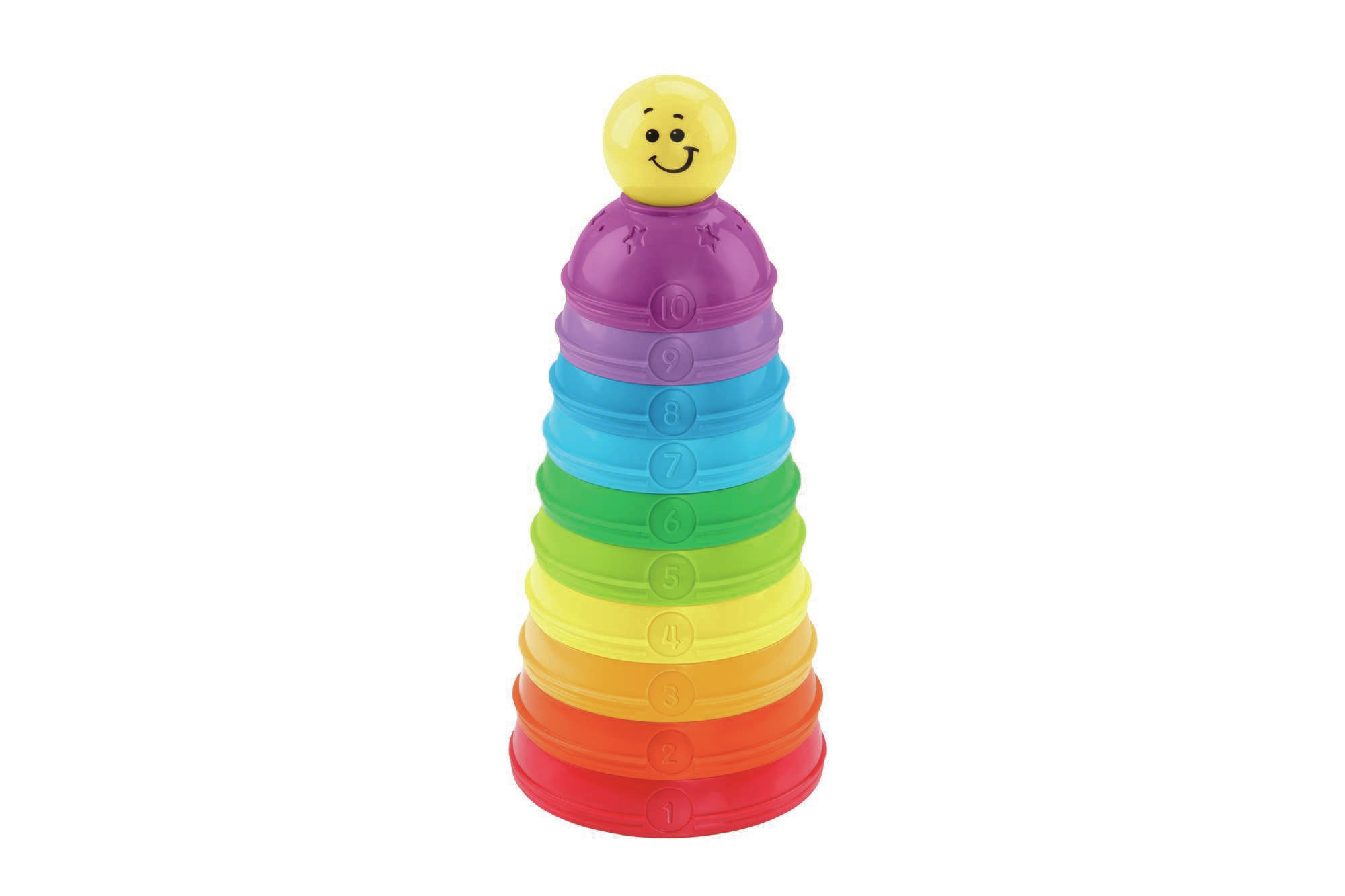 Farbenfrohes Stapelspielzeug. Es hat ein Smiley-Gesicht oben.