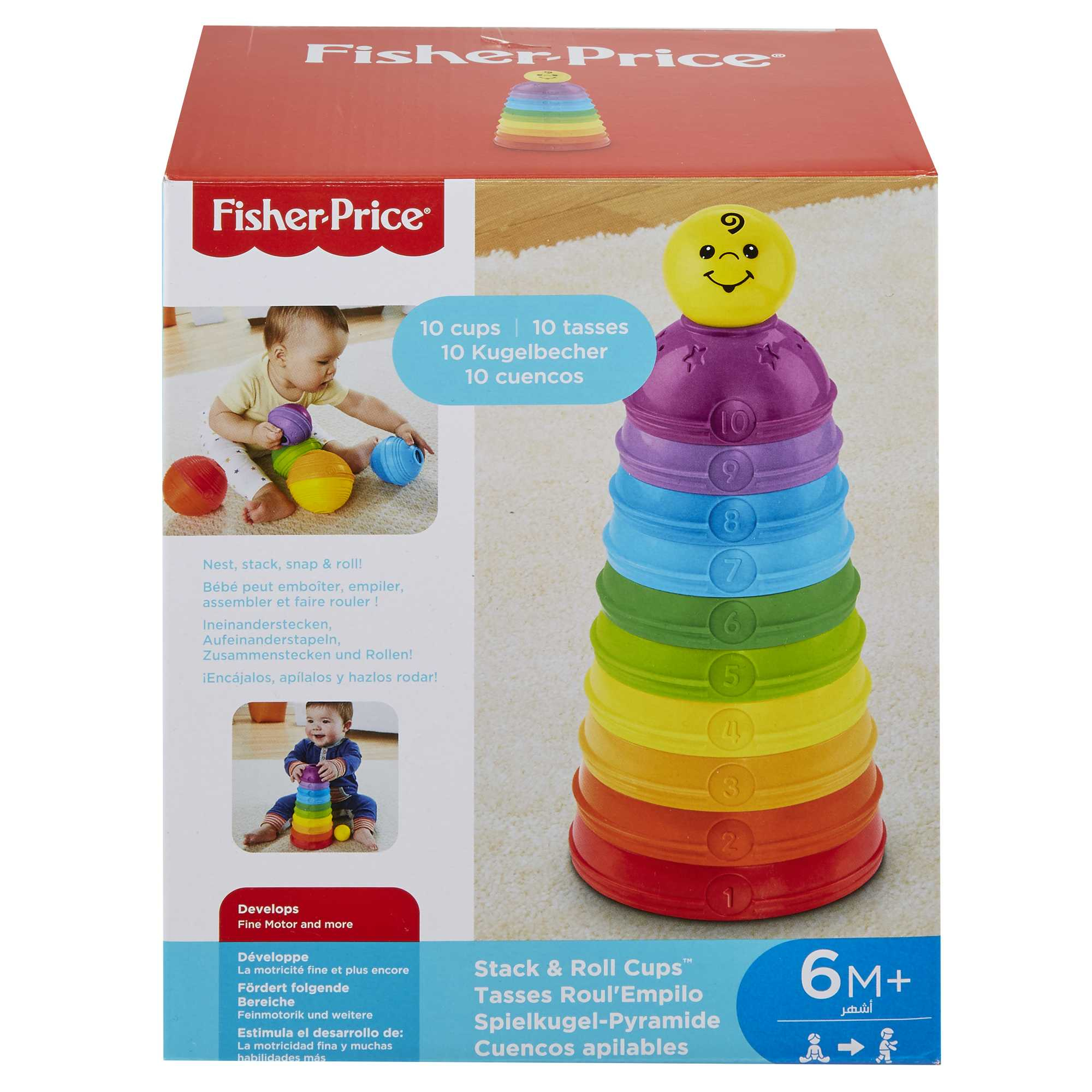 Fisher-Price Stack & Roll Cups Spielzeug mit bunten Bechern und Smiley.
