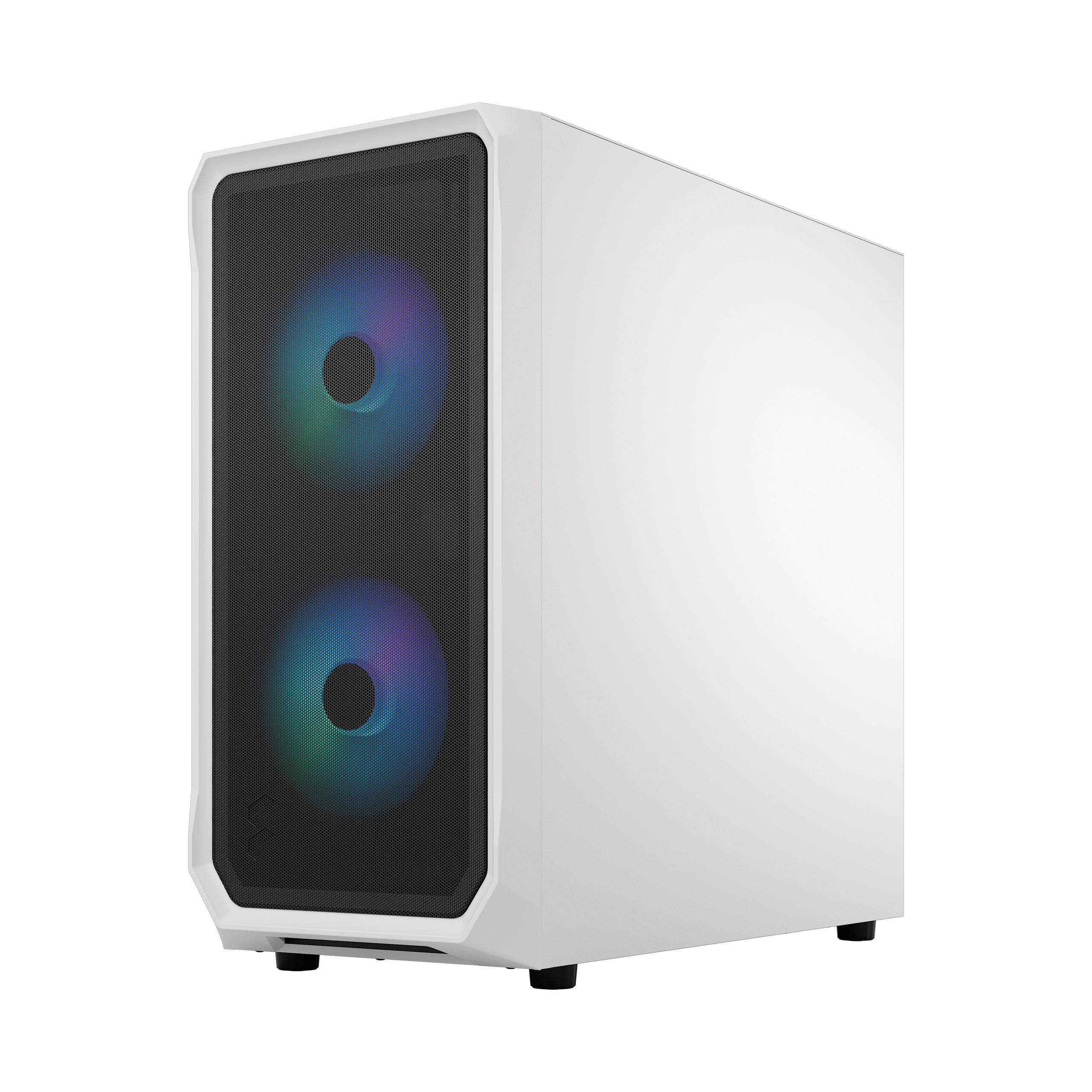 Case per PC bianco con due ventole dietro un pannello frontale a rete. Piedini neri.