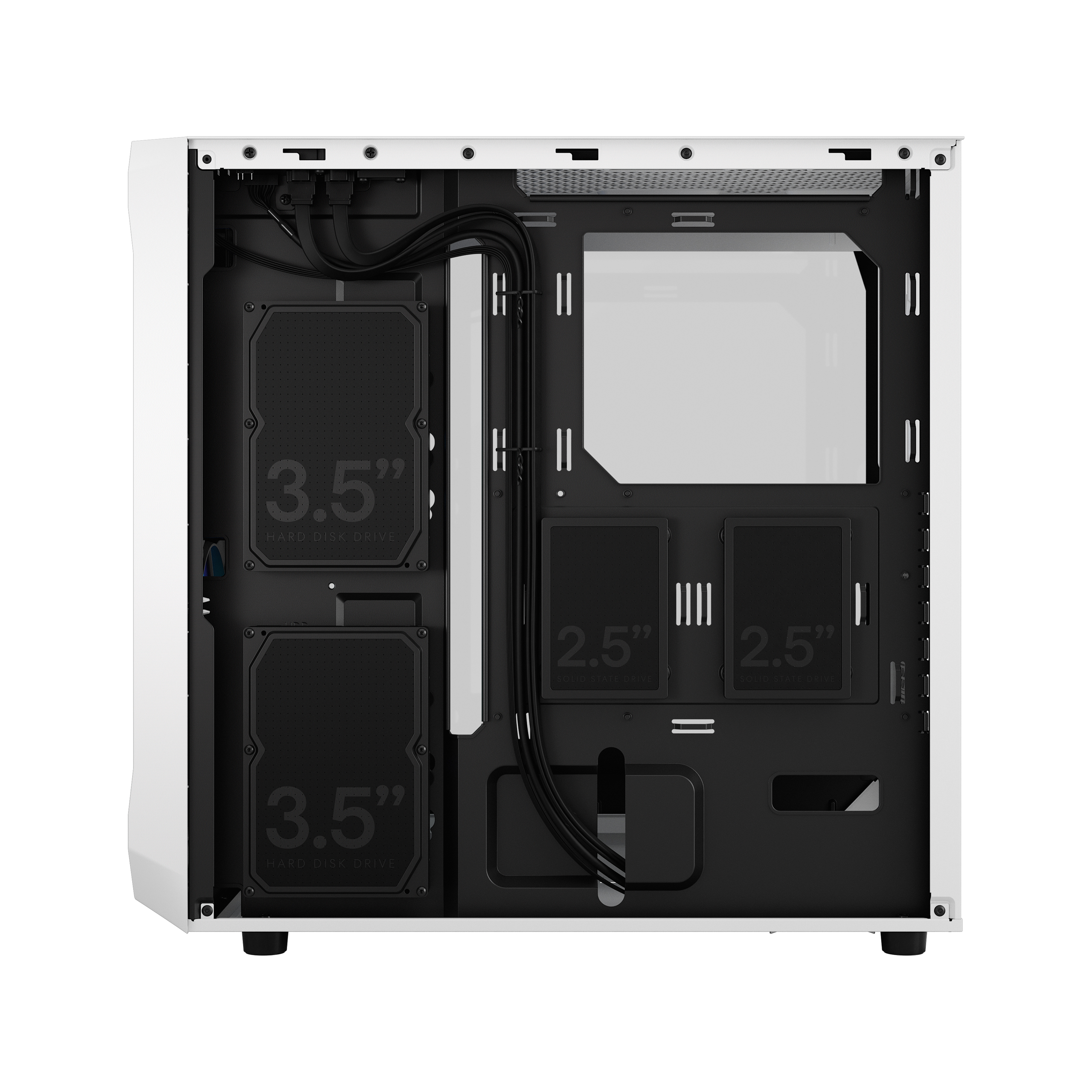 Interno di un case per computer bianco con alloggiamenti per dischi rigidi e gestione dei cavi. Interno nero.