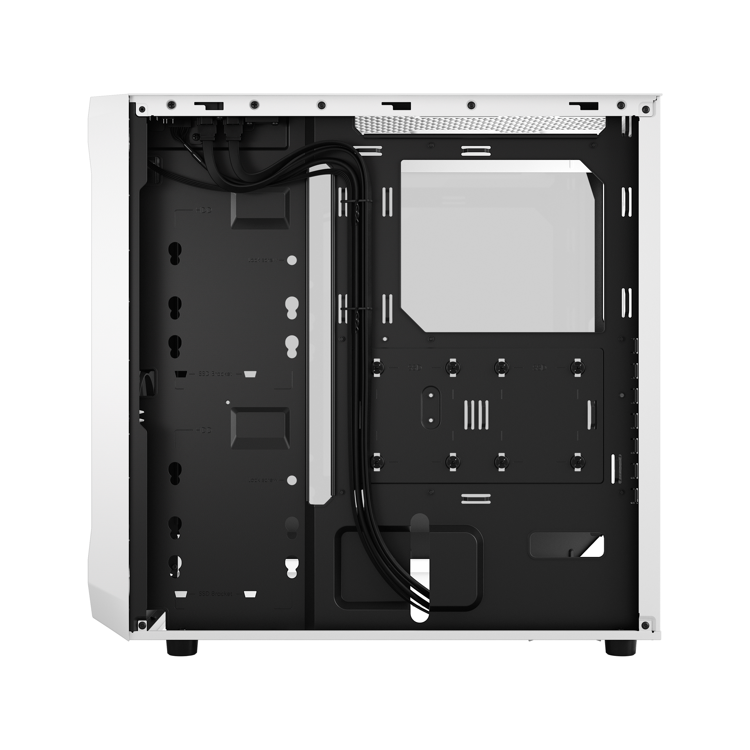 Interno di un case per computer bianco. Il pannello posteriore è nero. Cavi instradati. Spazio aperto per i componenti.