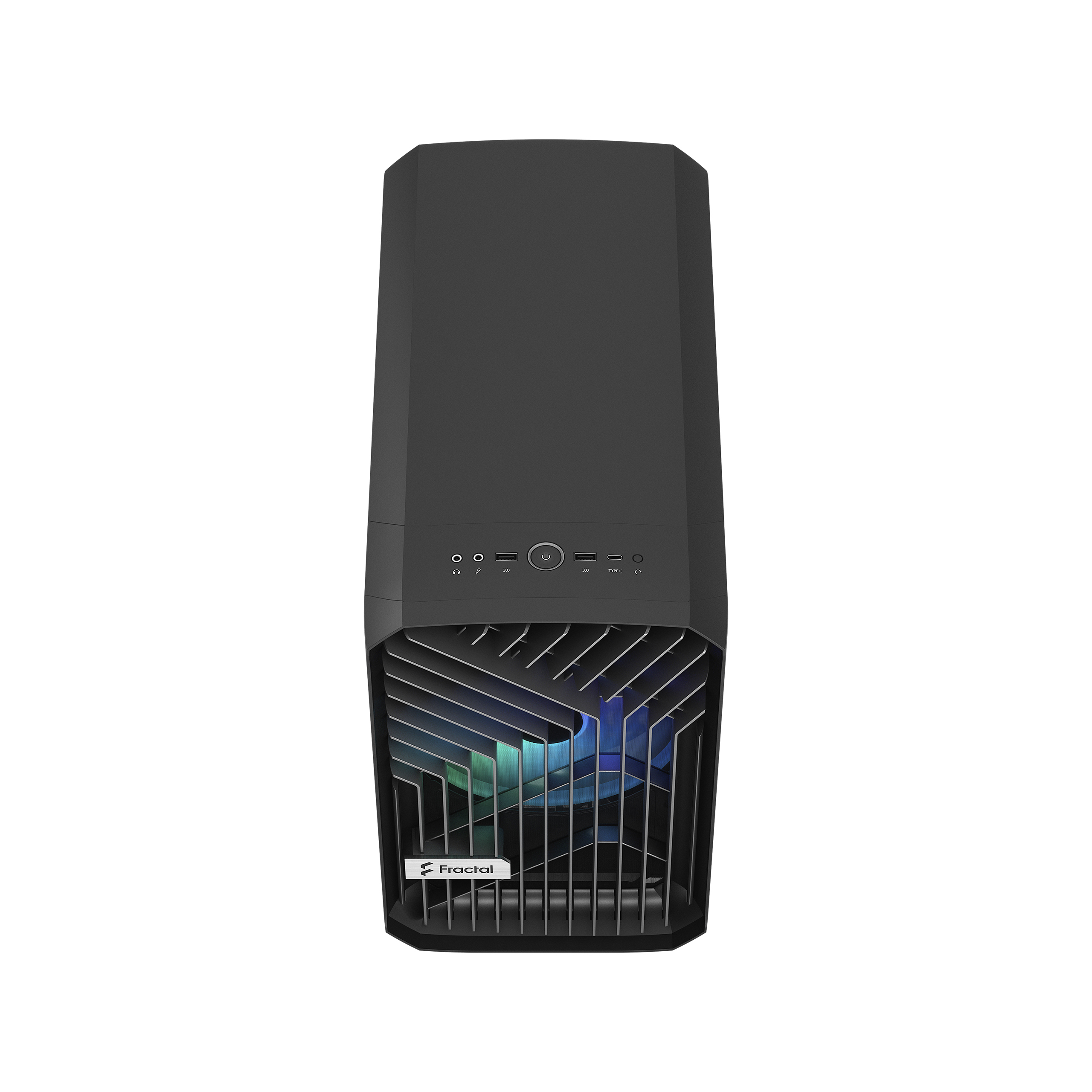 Black PC case with a mesh front. Top has buttons. Fractal logo visible. Background is white.