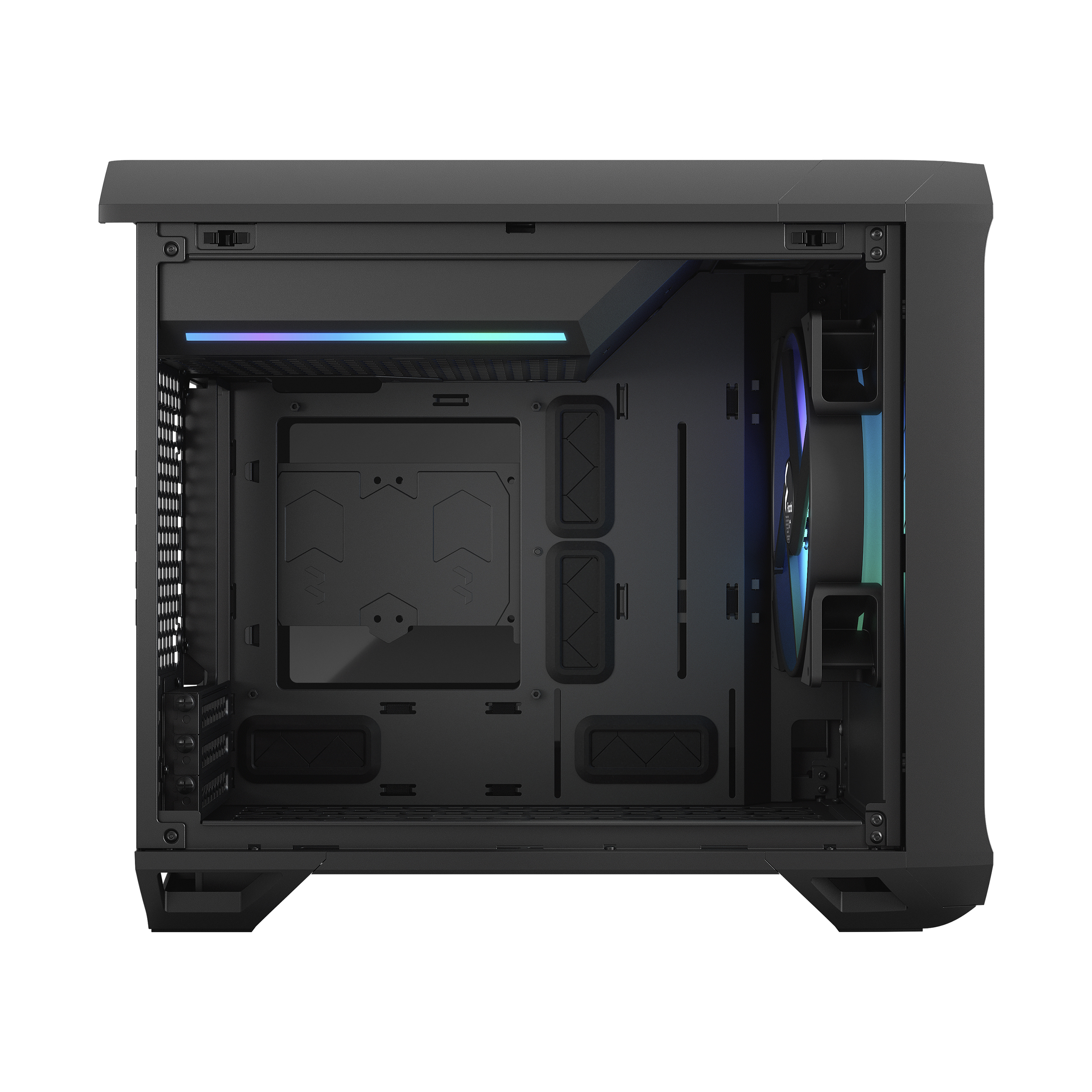 Black computer case with an open interior. Has a colorful light.