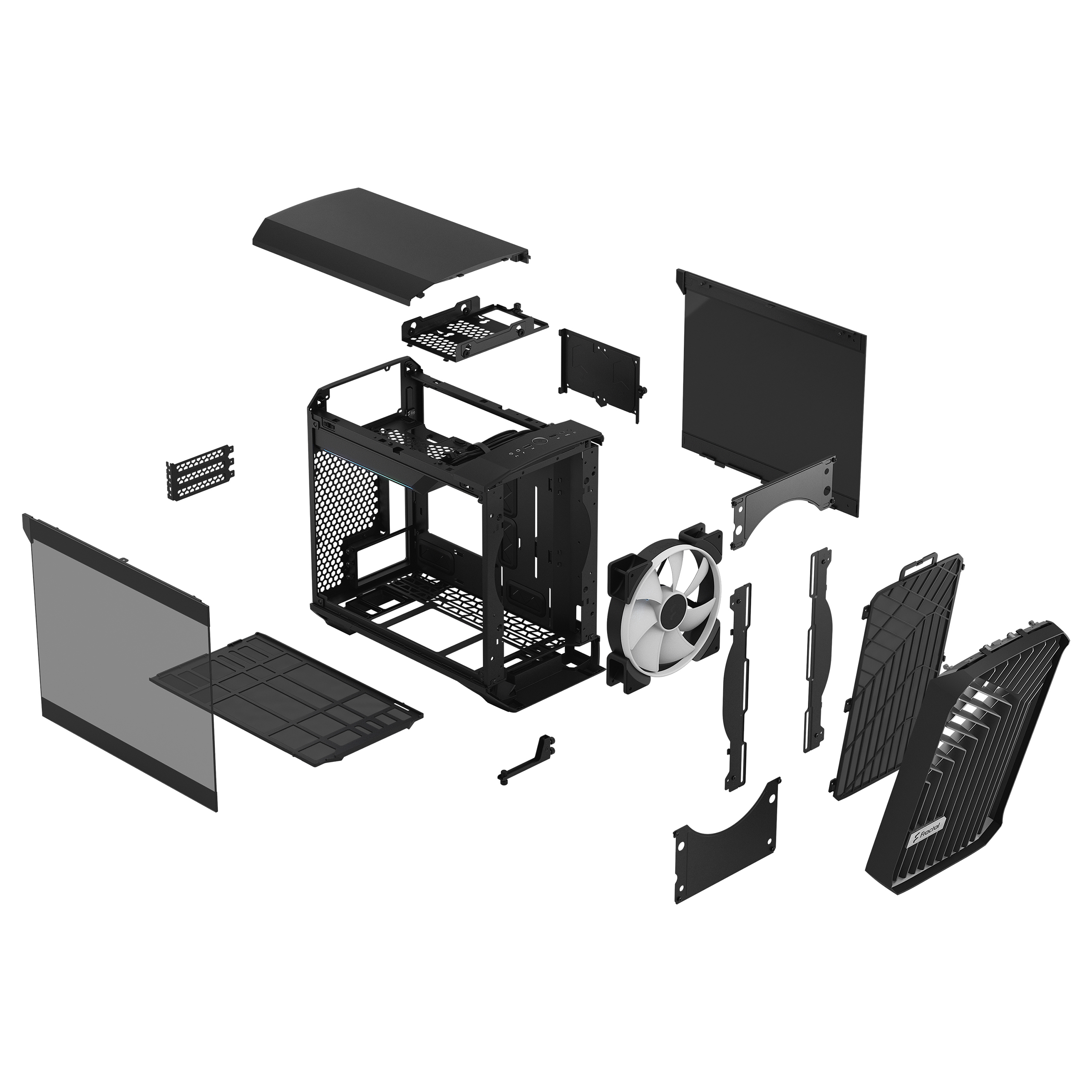 Exploded view of a computer case. Black parts, including the case, fan and panels, are visible.