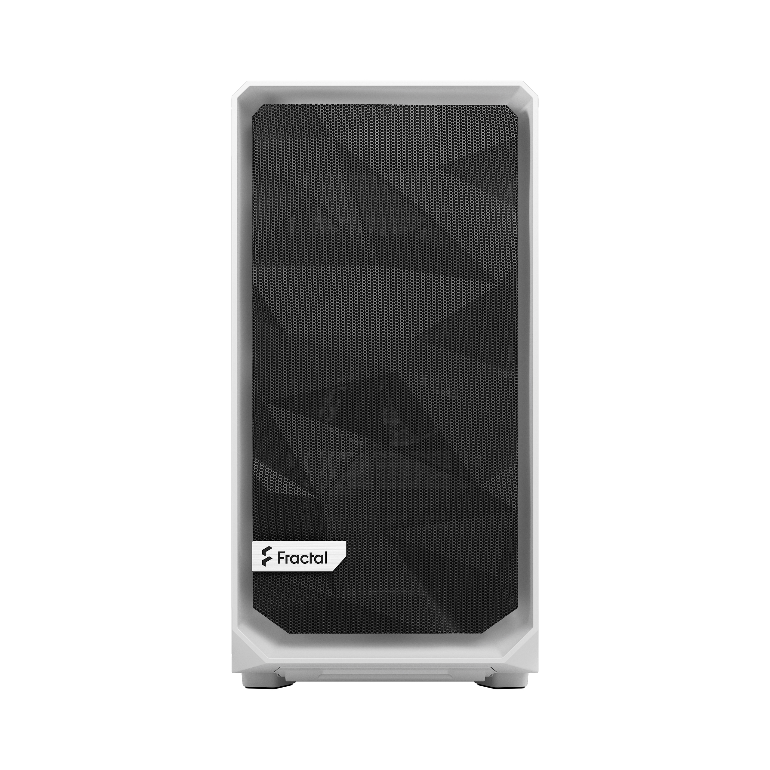 Witte pc-kast, vooraanzicht. Zwart mesh front, met Fractal logo onderaan.