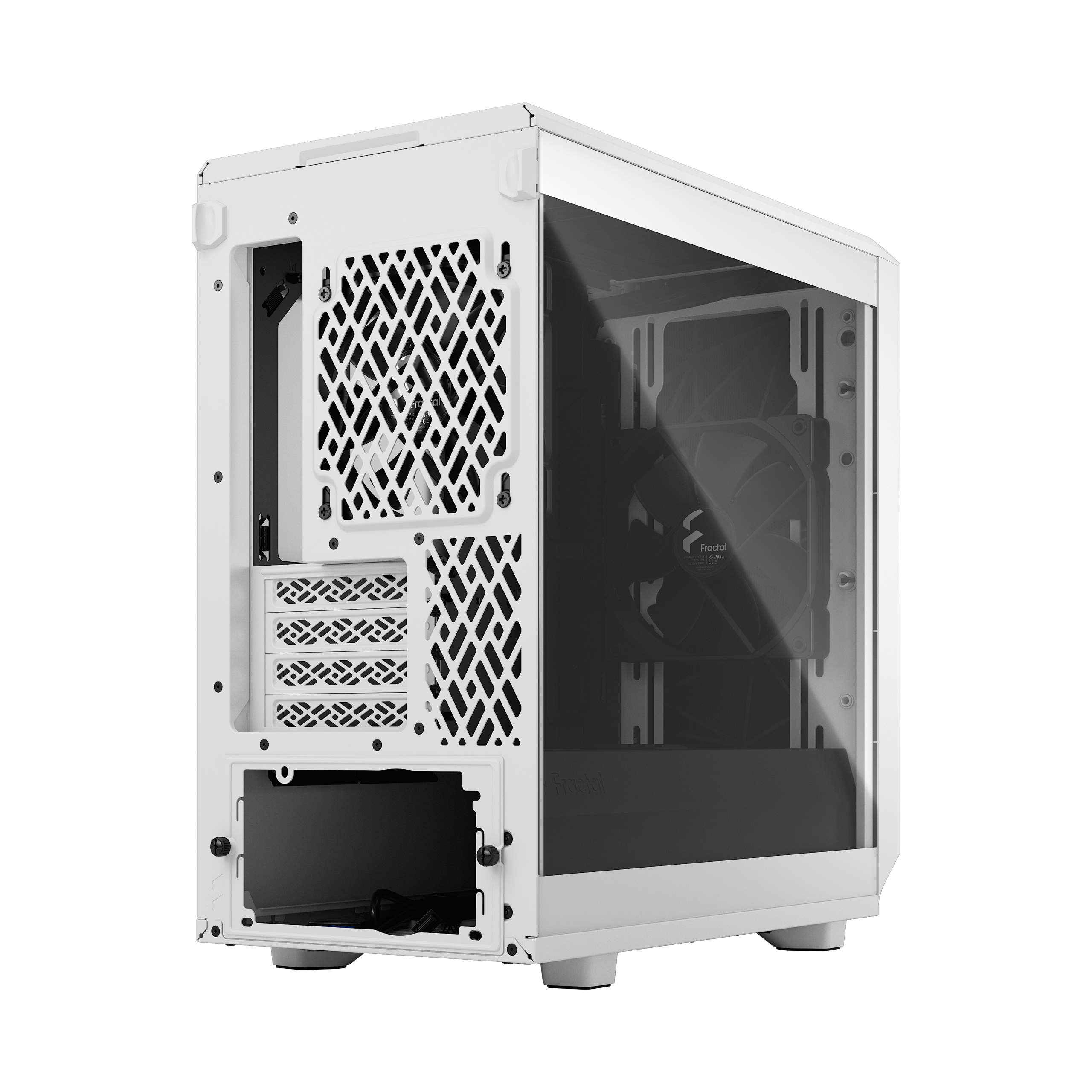 Witte computerkast met glazen zijpaneel, met interne onderdelen en ventilator.