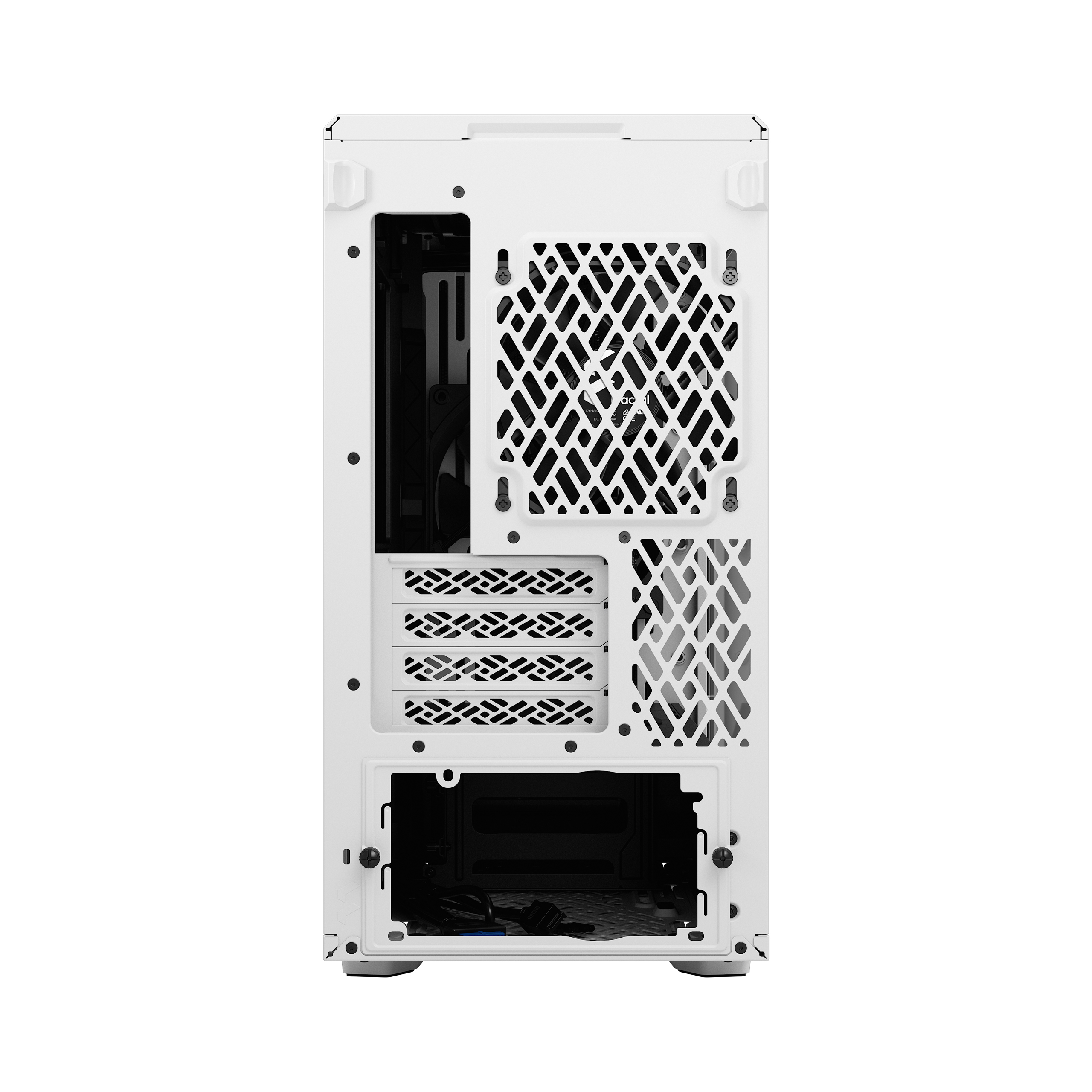 Achteraanzicht van een witte computerkast met ventilatiegaten en componentensleuven.