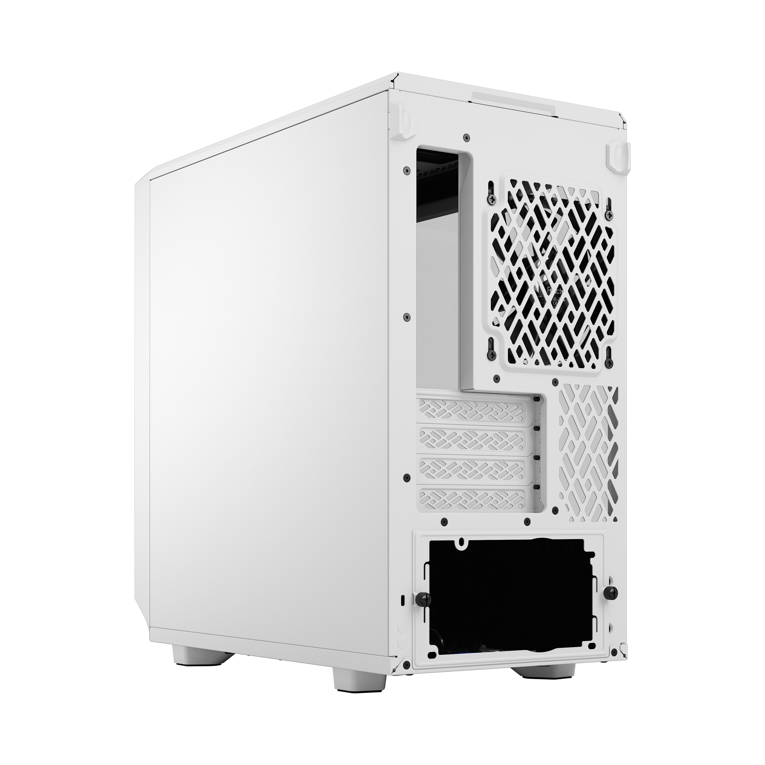 Witte pc-behuizing, achteraanzicht. Toont ventilatieopeningen, schroeven en een rechthoekige opening.