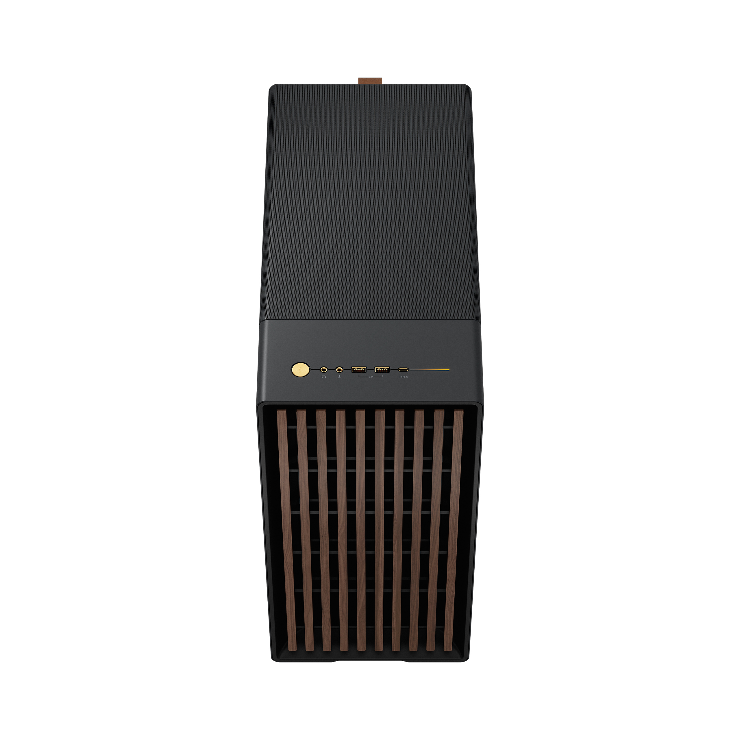 Black PC case with wooden slats on the front. Top has a gold button and ports.