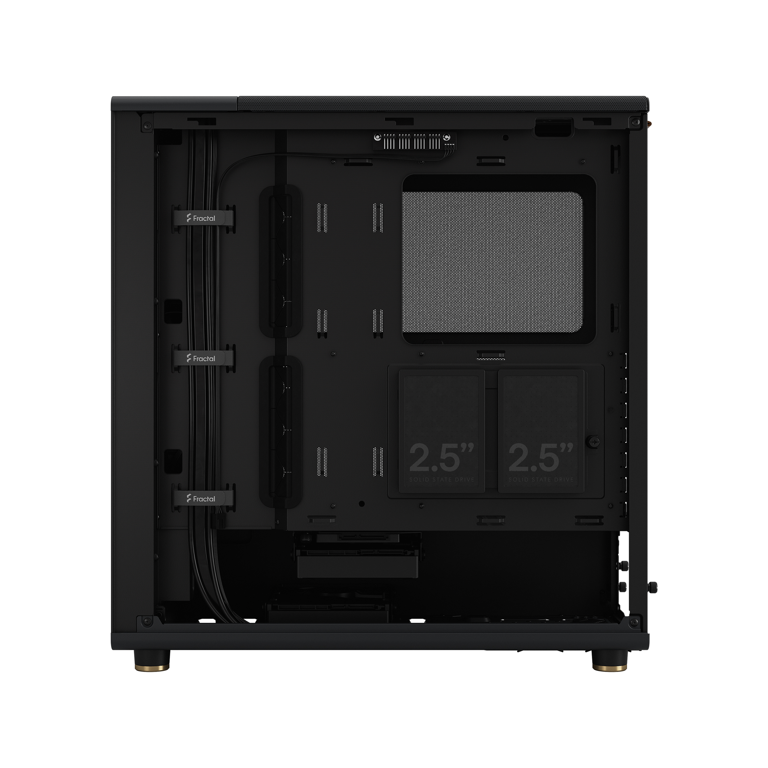 Computer case interior, black. Shows cable management and storage slots.