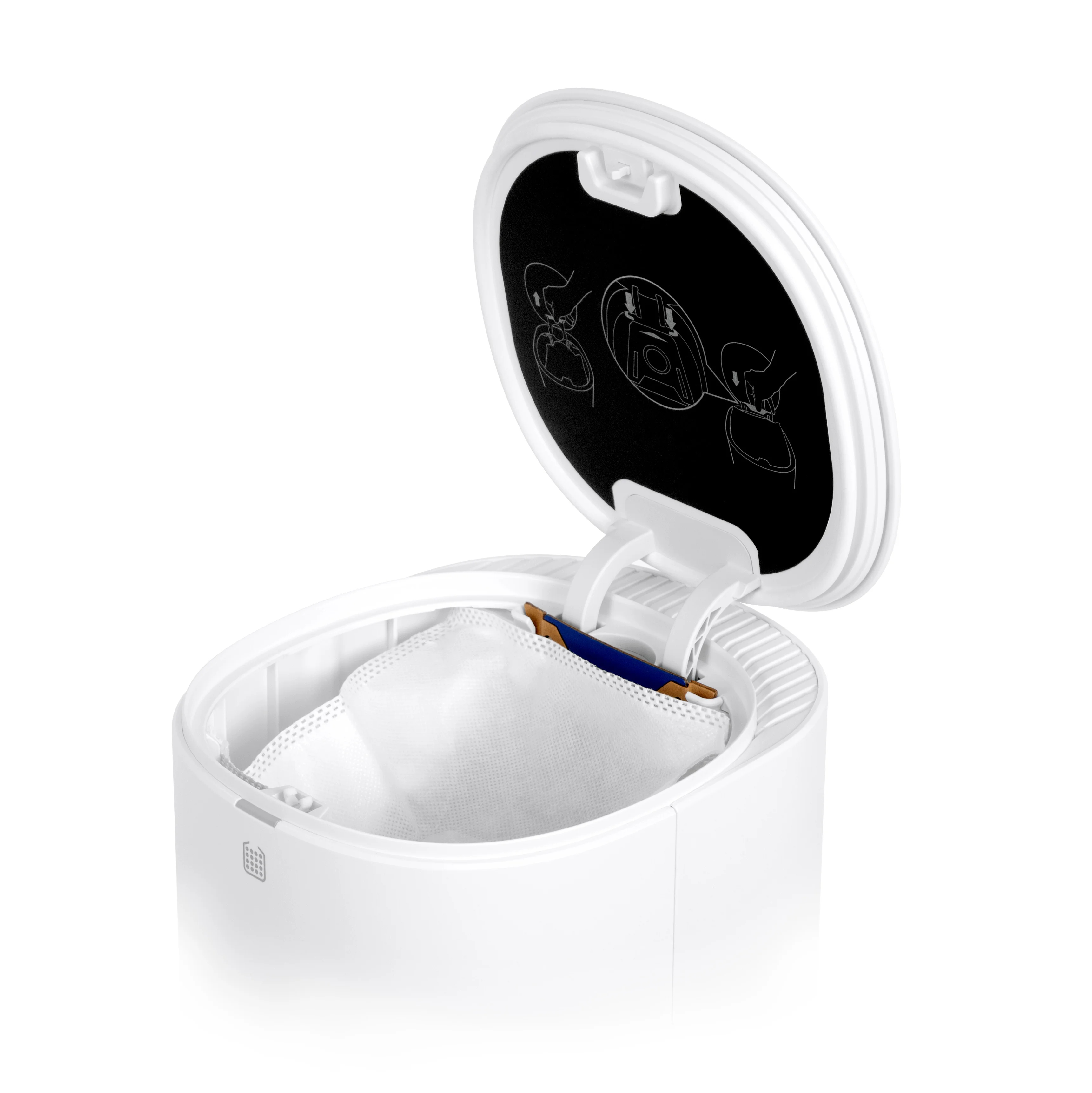 Biały pojemnik odkurzacza z otwartą pokrywą, pokazujący filtr i worek.