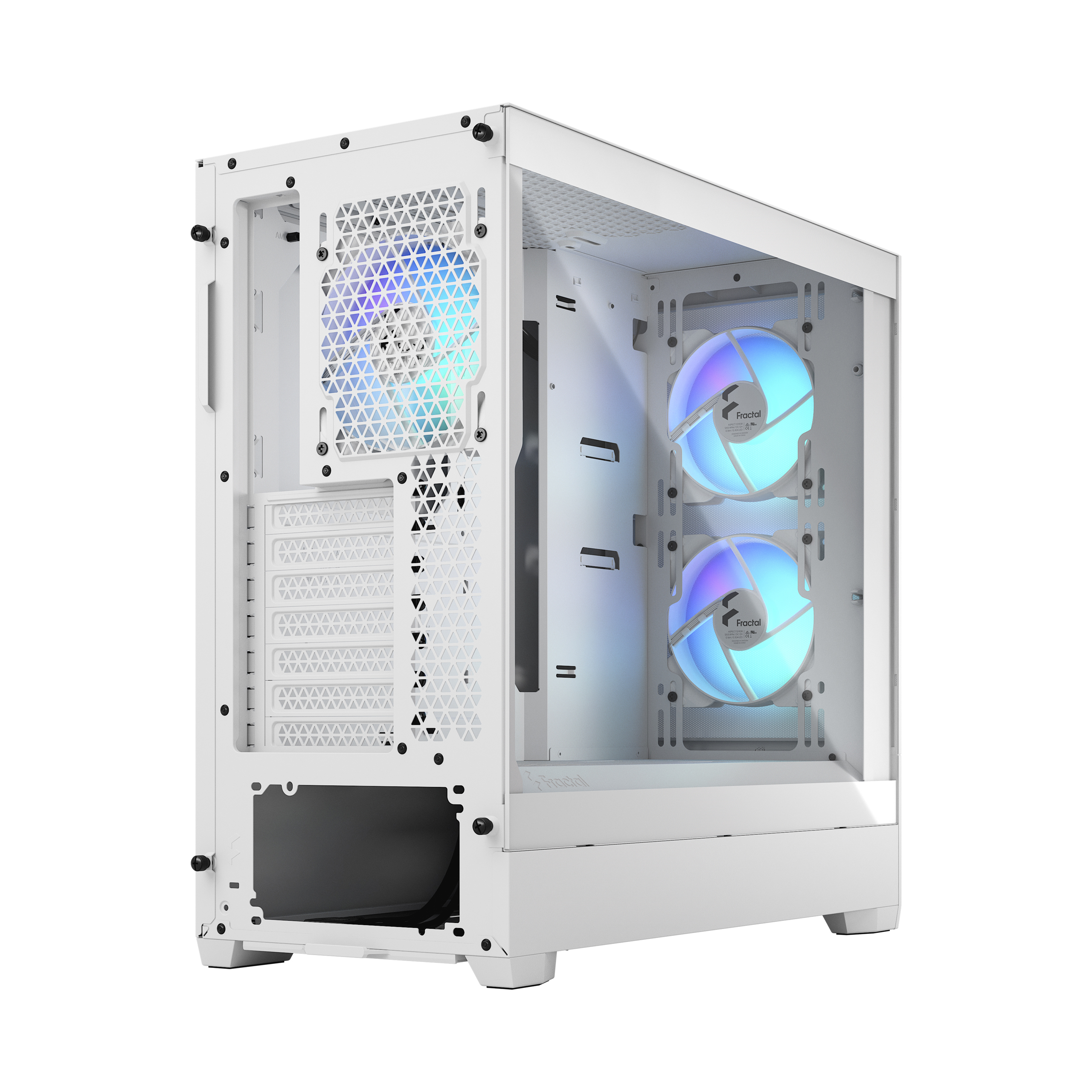 Boîtier PC blanc, vue latérale. Intérieur avec ventilateurs et lumières colorées, Fractal Design.