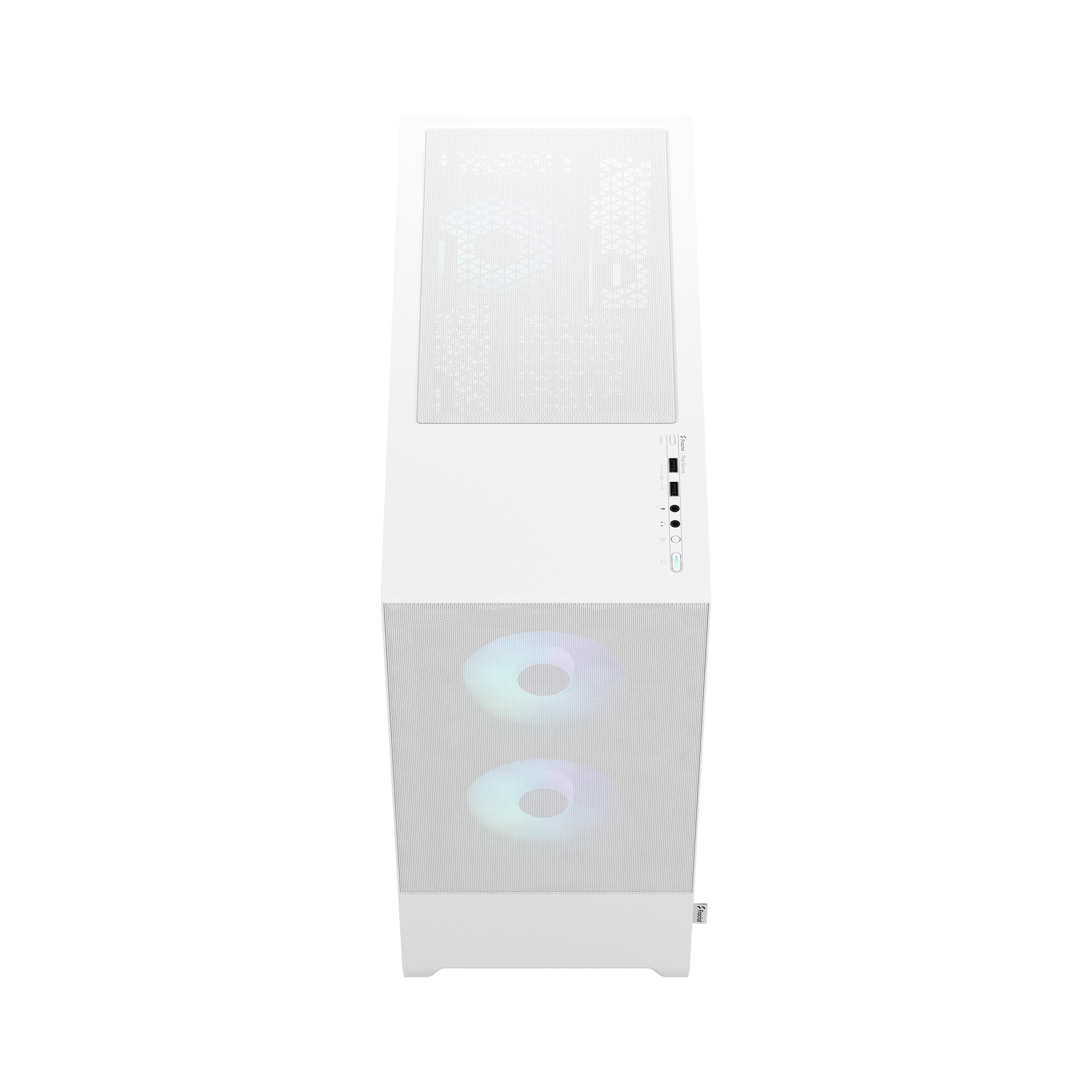 Façade de boîtier PC blanc avec mesh et deux ventilateurs avec LED couleur.