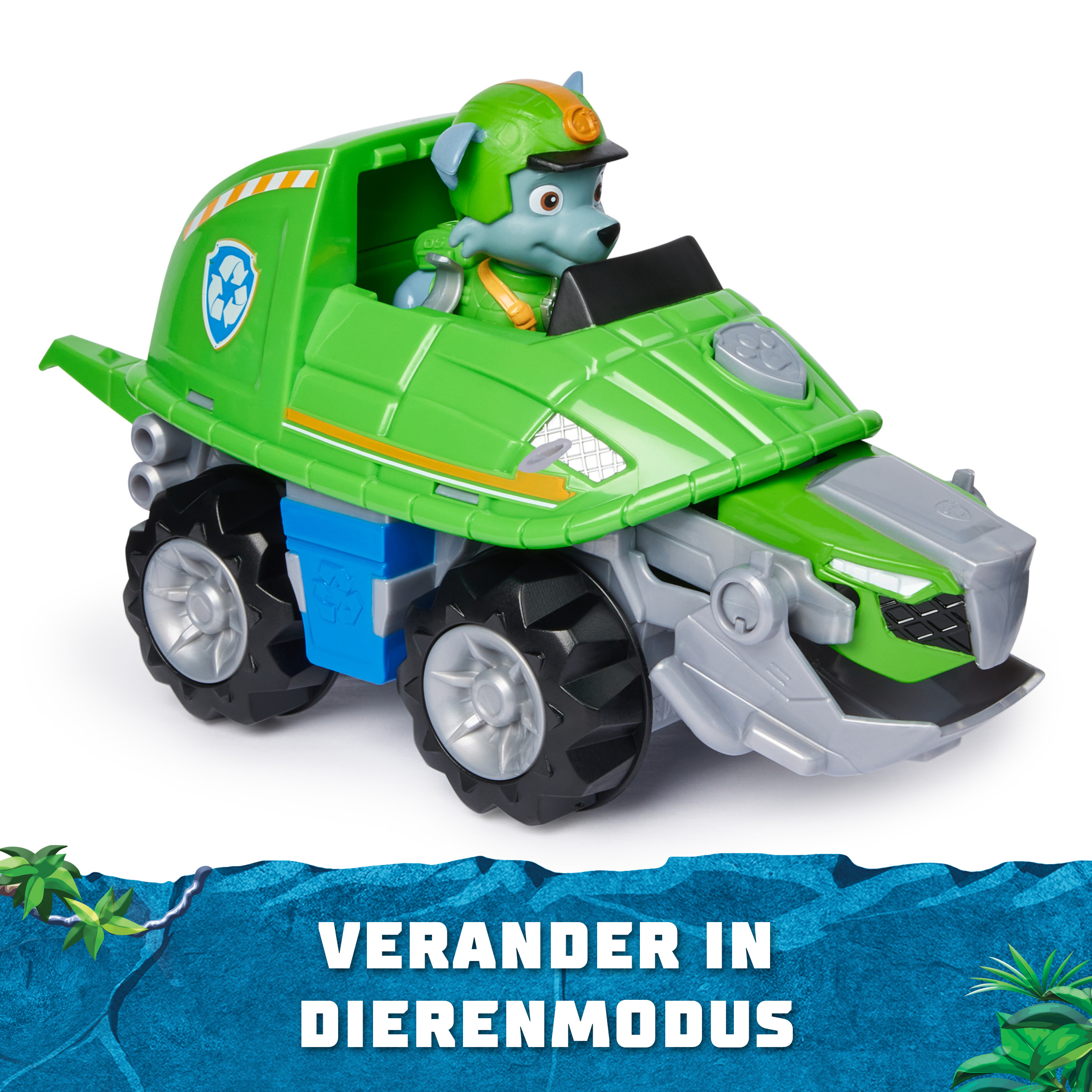 Ein grünes Spielzeugauto mit einer Hundefigur auf dem Fahrersitz. Text "VERANDER IN DIERENMODUS".