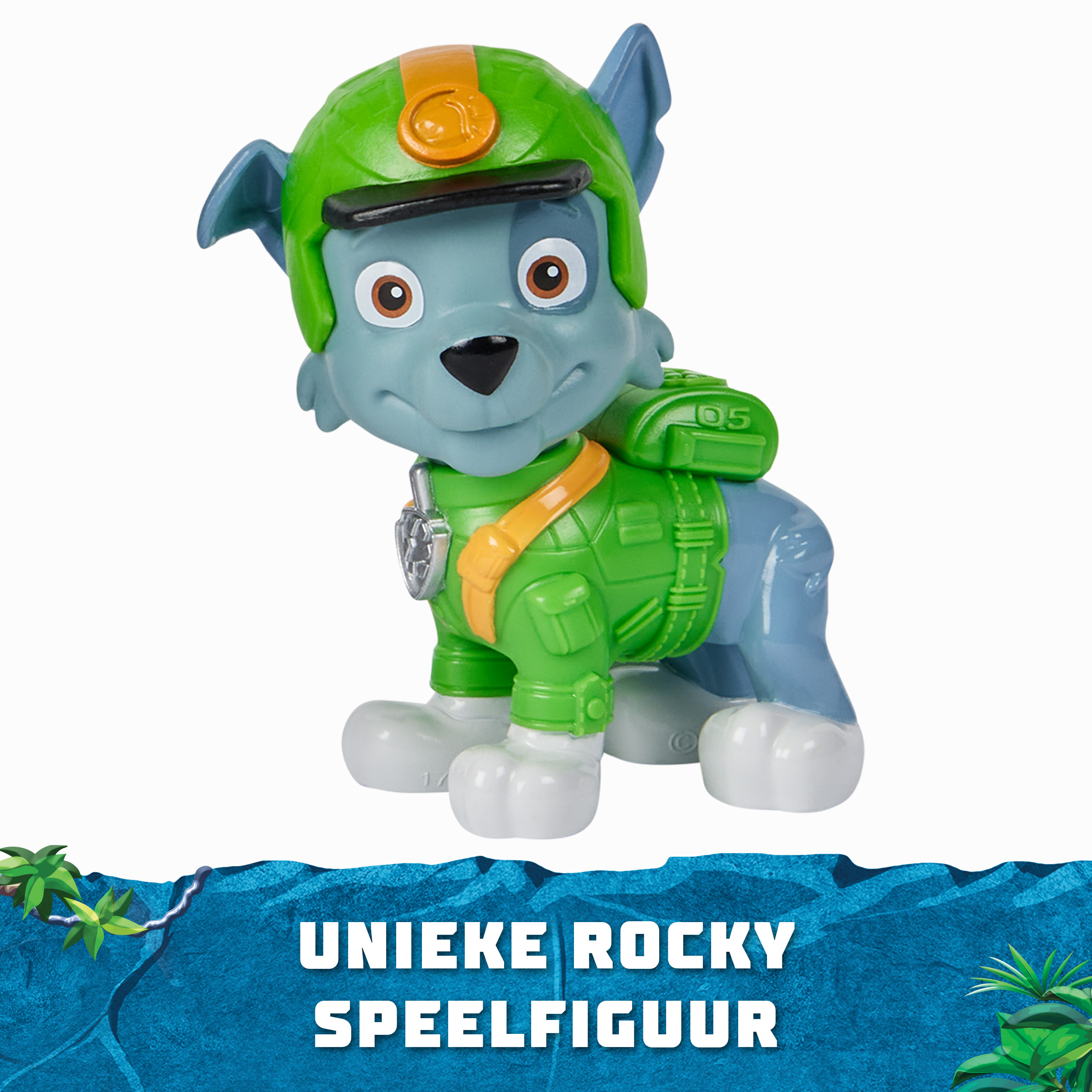Rocky-Spielfigur, eine Paw Patrol-Figur, trägt einen grünen Helm und Weste.