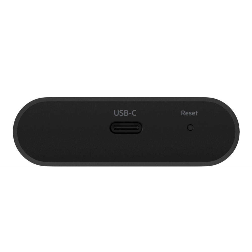 Ein schwarzes Gerät mit USB-C- und Reset-Anschlüssen.