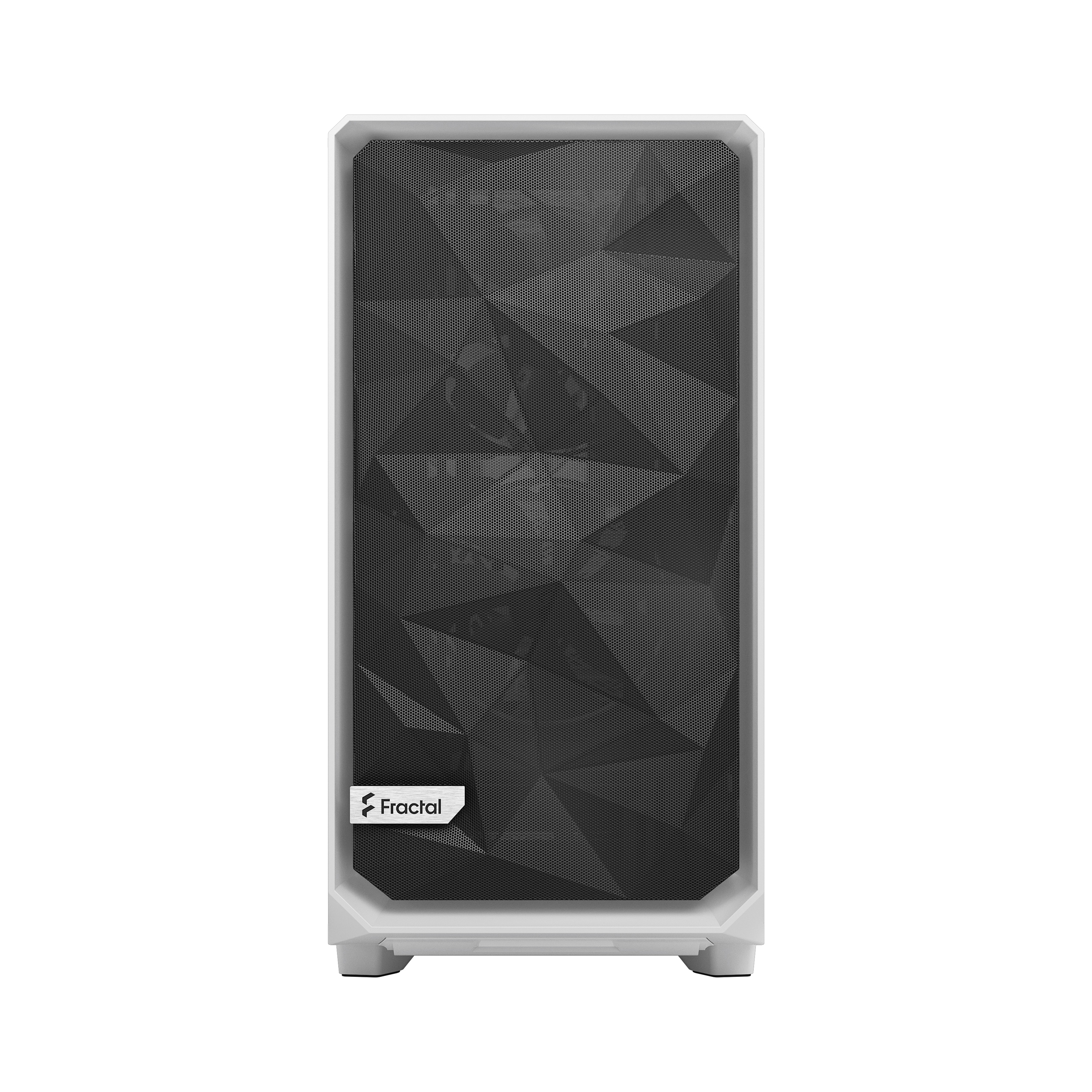 Witte computerkast voorkant met mesh. Fractal Design logo in het midden onder.
