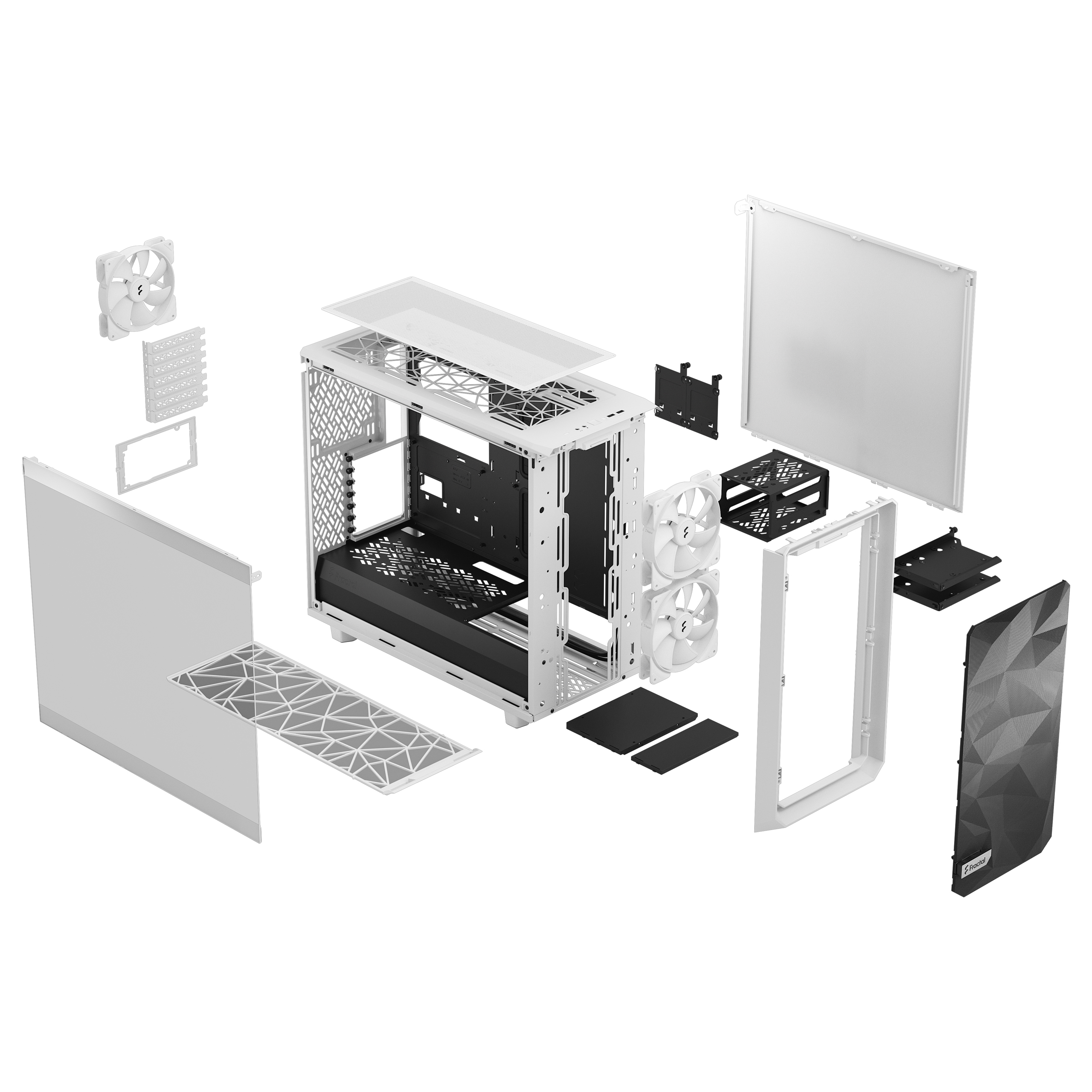 Ontploft aanzicht van een witte computerkast, met alle afzonderlijke componenten.
