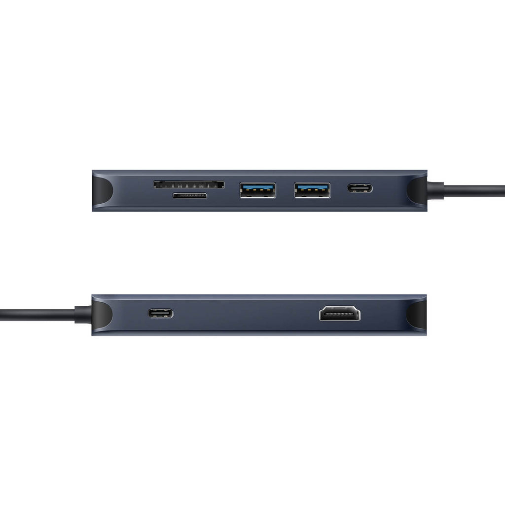 Dos vistas de un concentrador USB azul oscuro. Muestra puertos y conectores.
