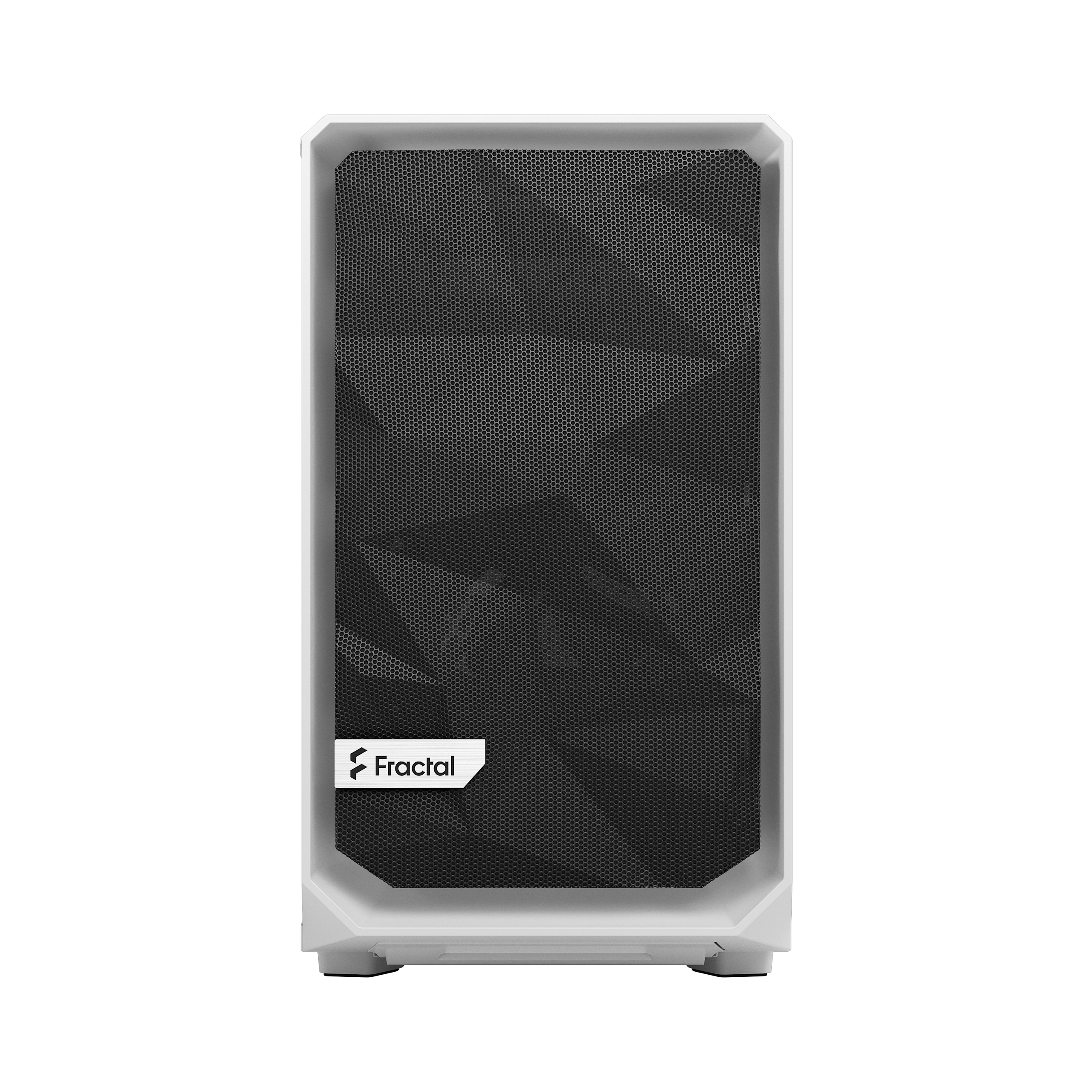 Pannello frontale del case del computer bianco con un design a rete e il logo Fractal.