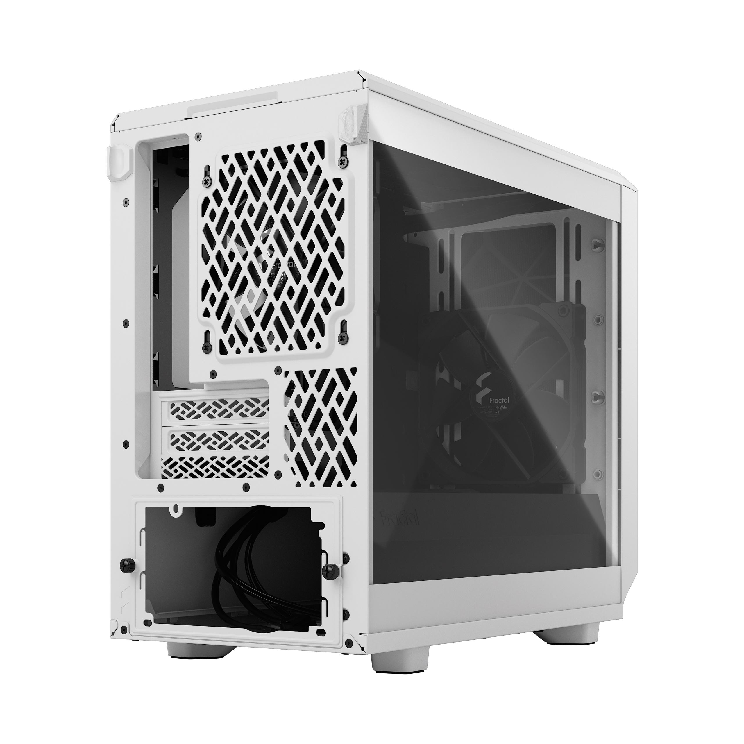 Case per computer bianco, vista angolata, che mostra l'interno, la ventola e il pannello laterale in vetro.