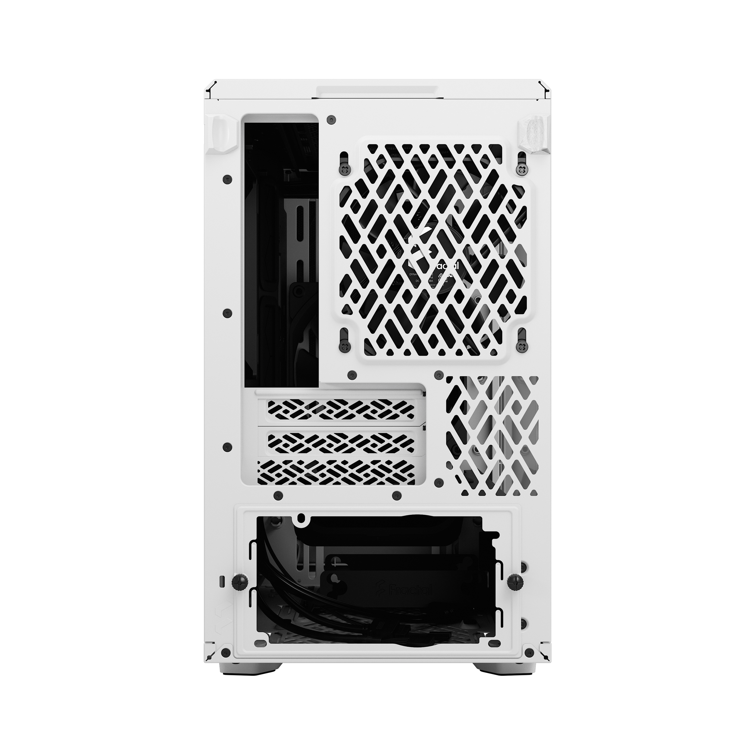 Pannello posteriore del case per computer bianco. Mesh e aperture per componenti. Cavi neri visibili.