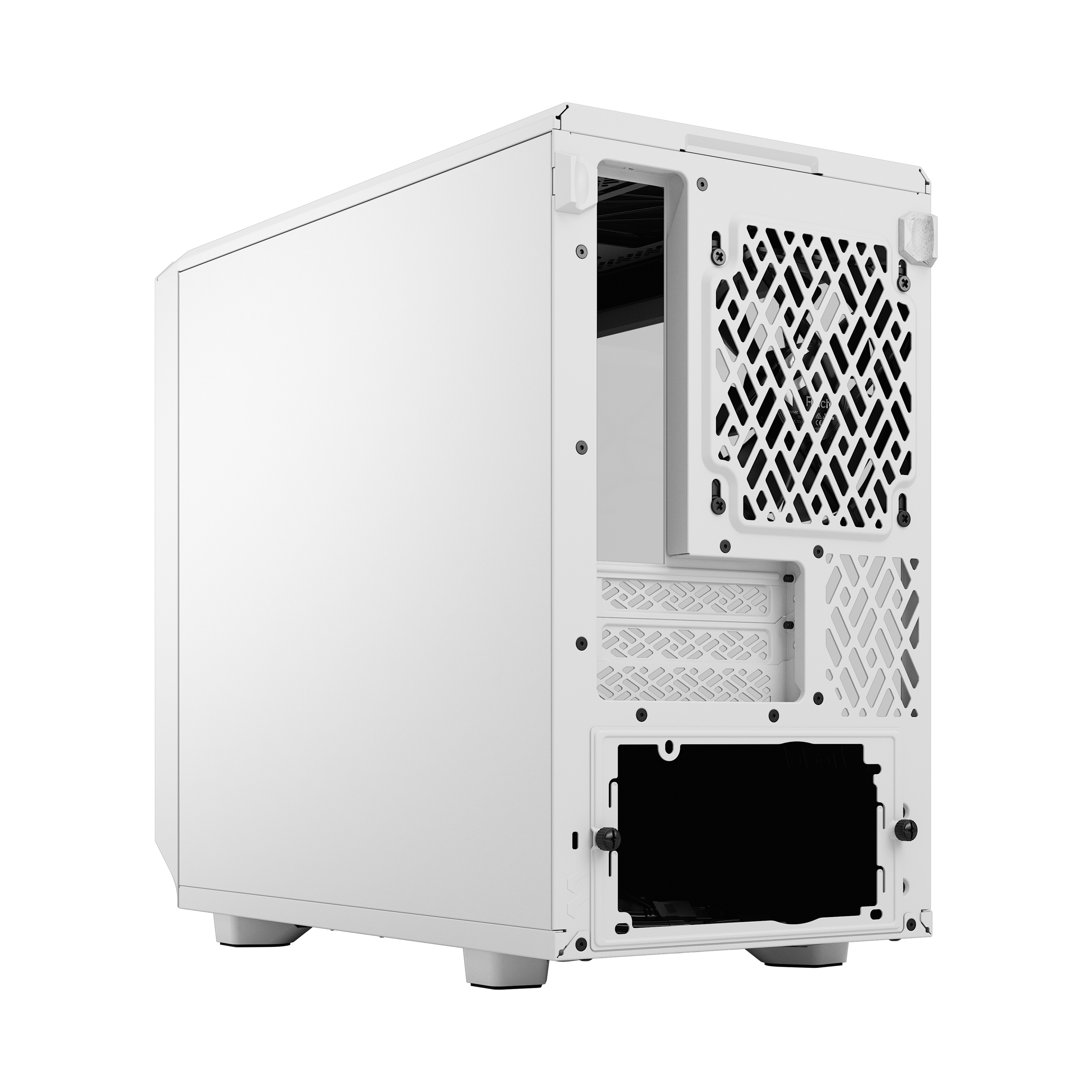 Vista posteriore del case PC bianco con prese d'aria e ritagli per pannelli.