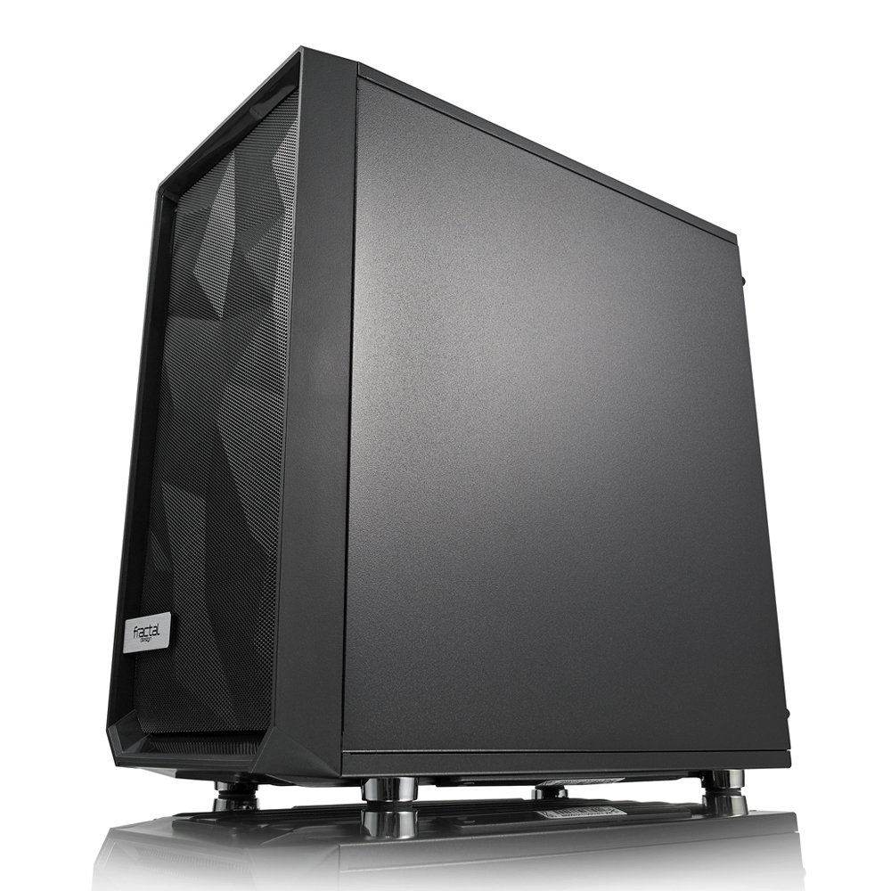 Black PC case, angled view. Mesh front, Fractal Design logo. Silver feet.