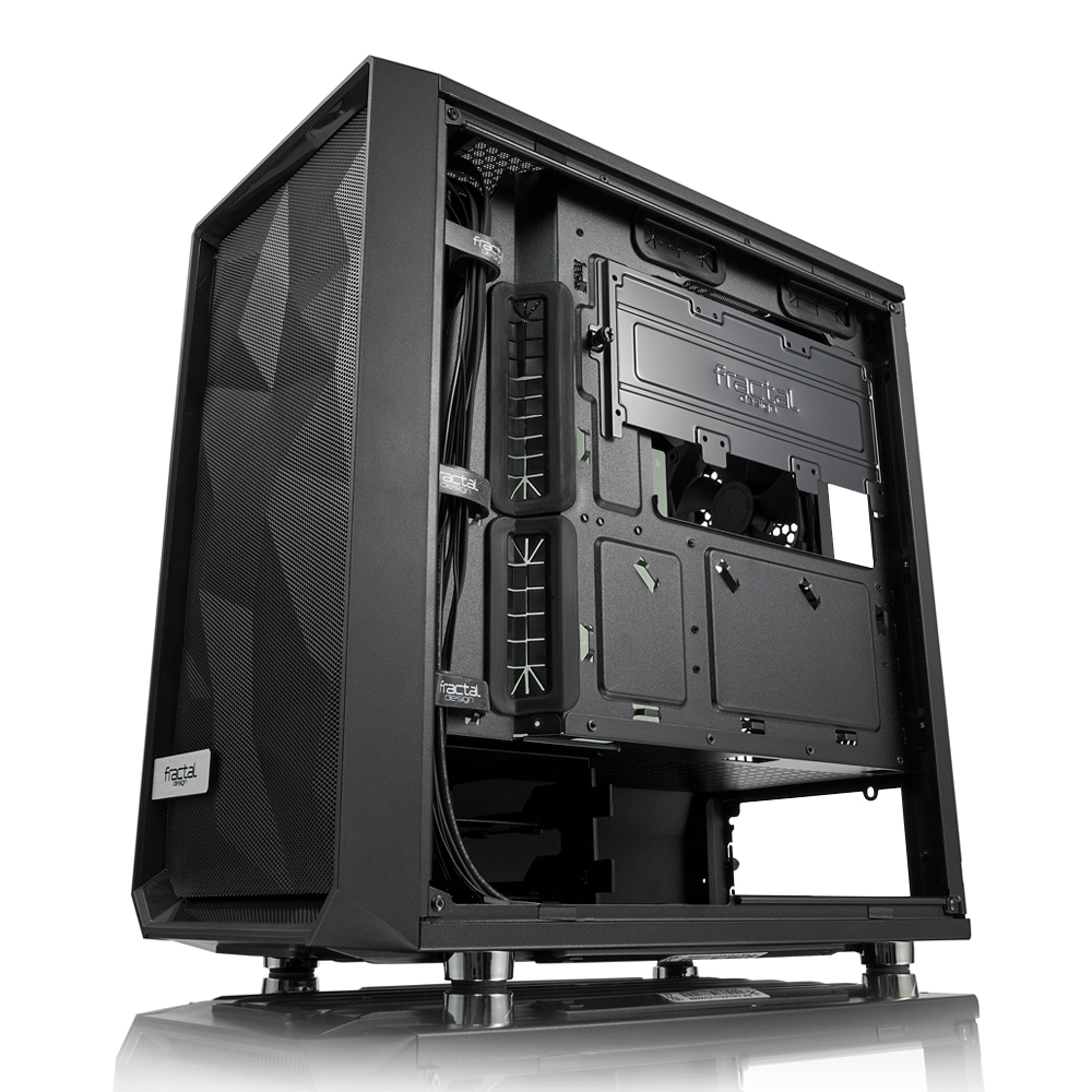 Black computer case interior with components installed, showing internal structure.