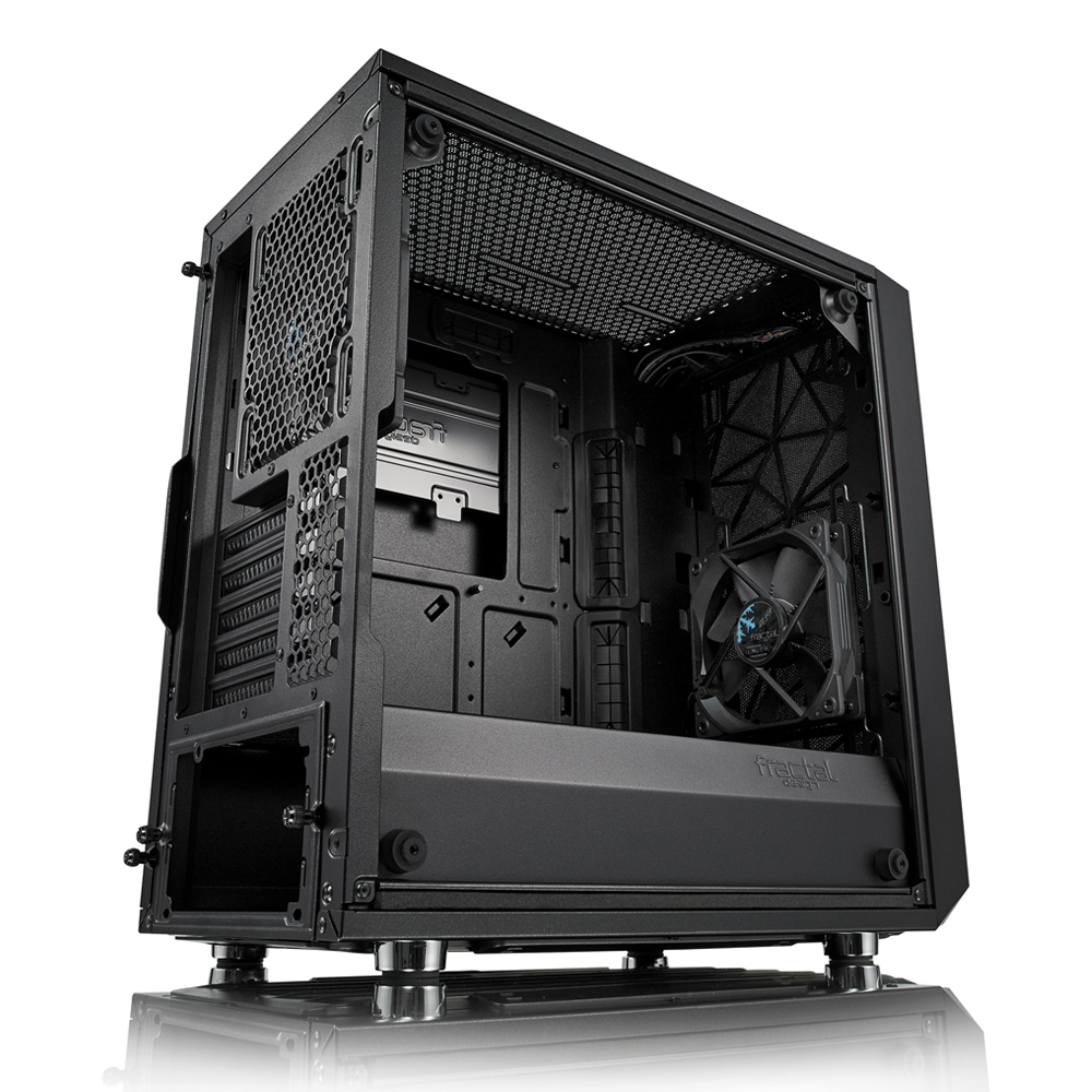Black PC case, open, interior visible, fan installed. Metal mesh panel on front.