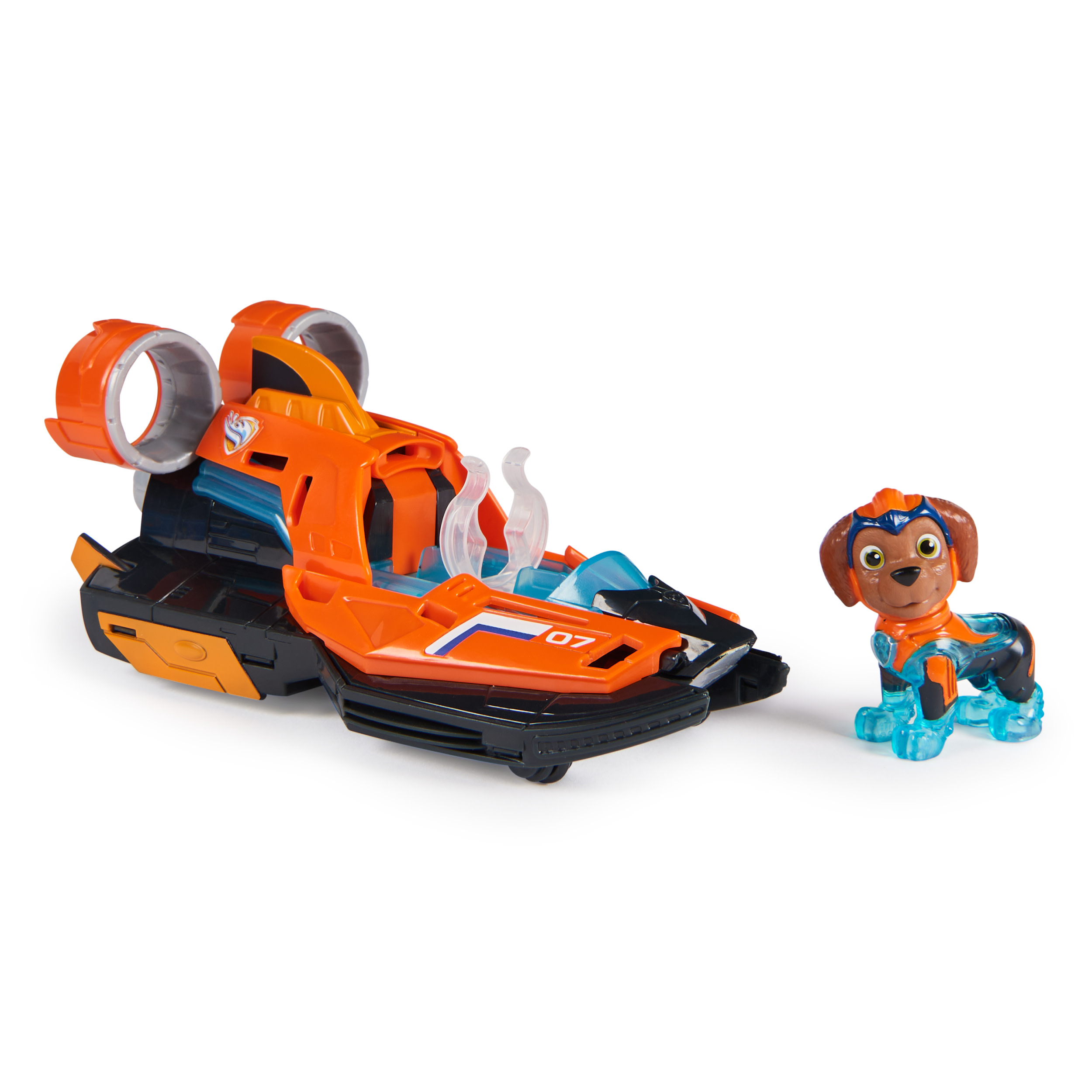 Orange-blaues Spielzeugfahrzeug mit einem Hund. Das Fahrzeug hat Propeller und eine klare Front.