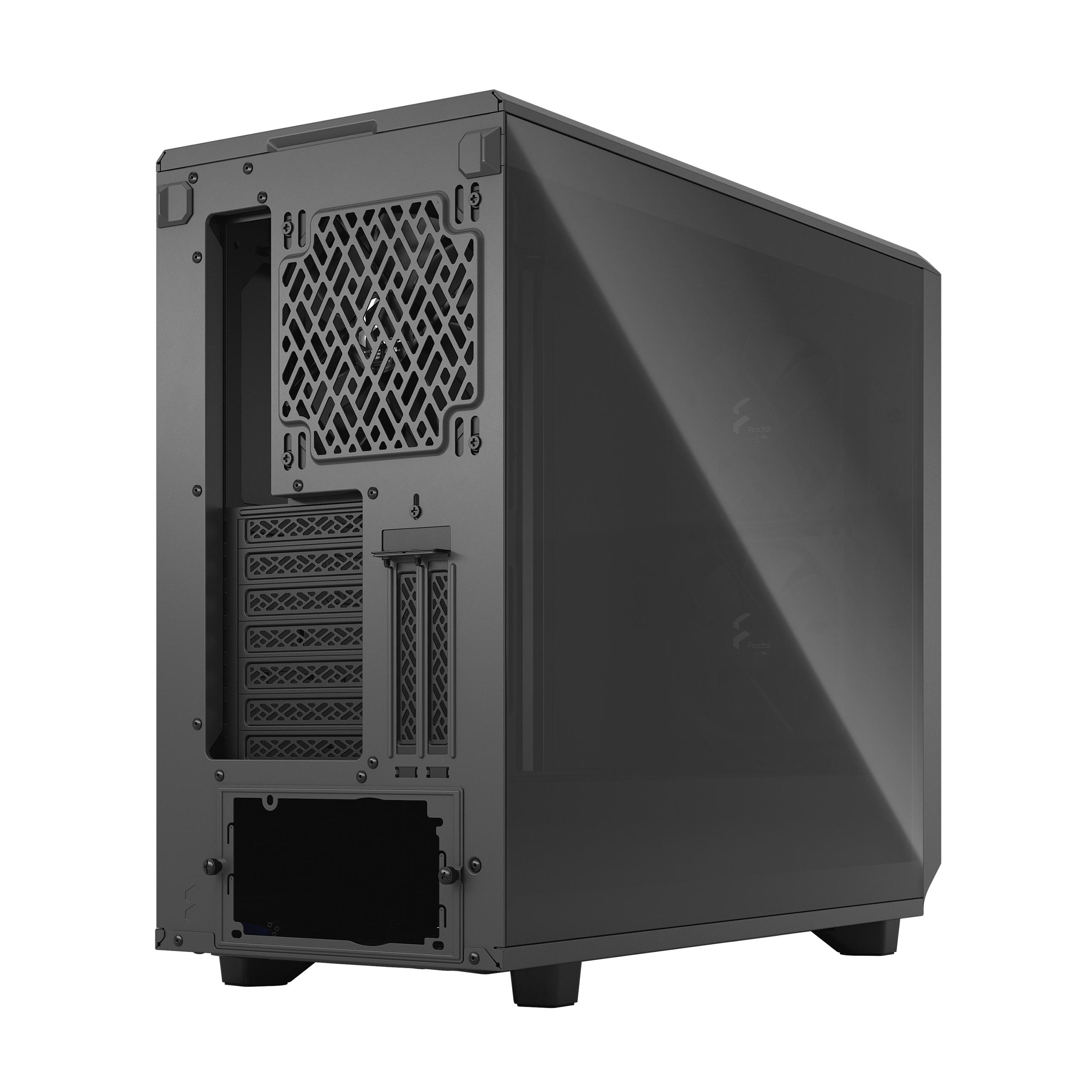A black computer case with a glass side panel, angled, showing the inside. Back of the case is visible.