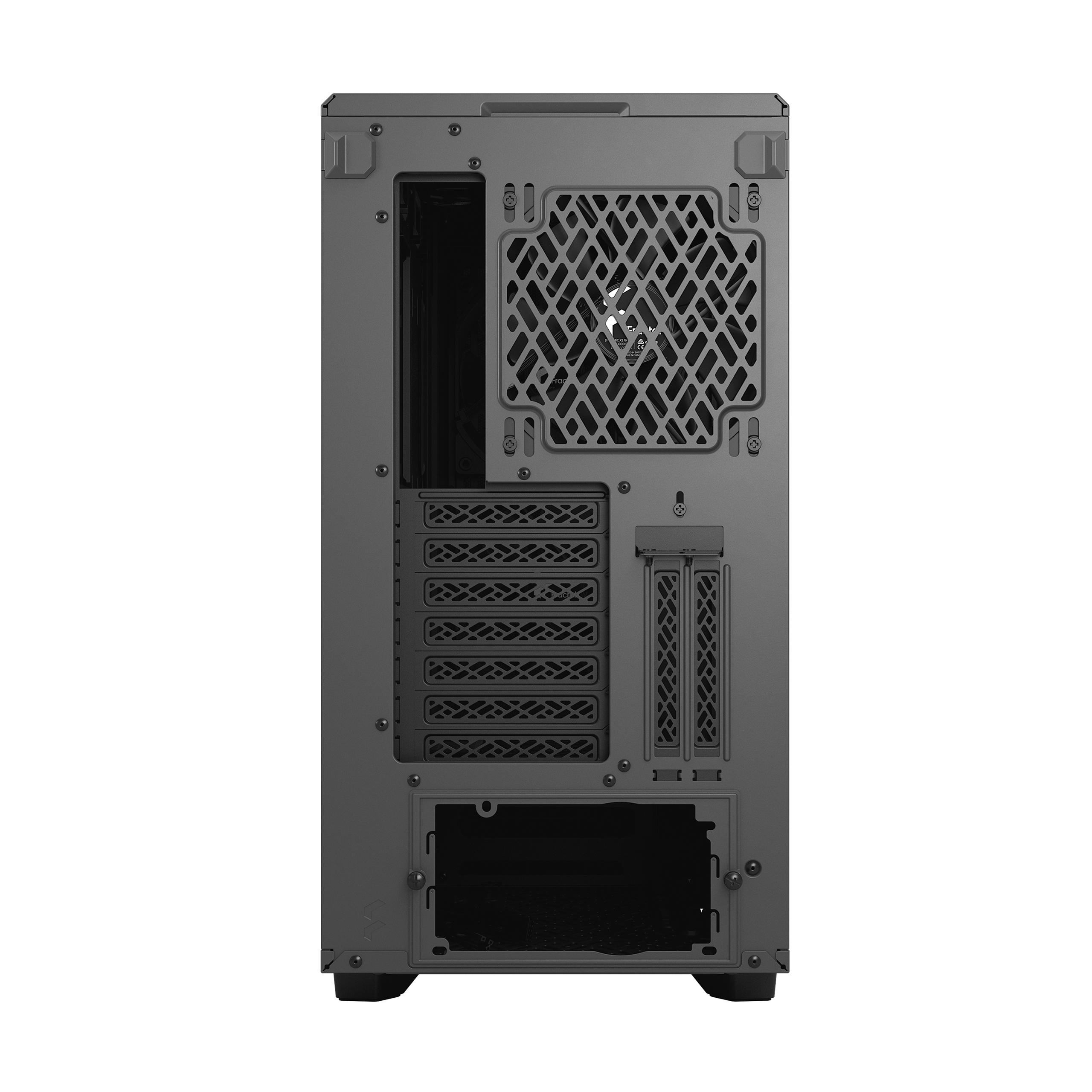 Back view of a black computer case with vents, fan, and various openings for components.