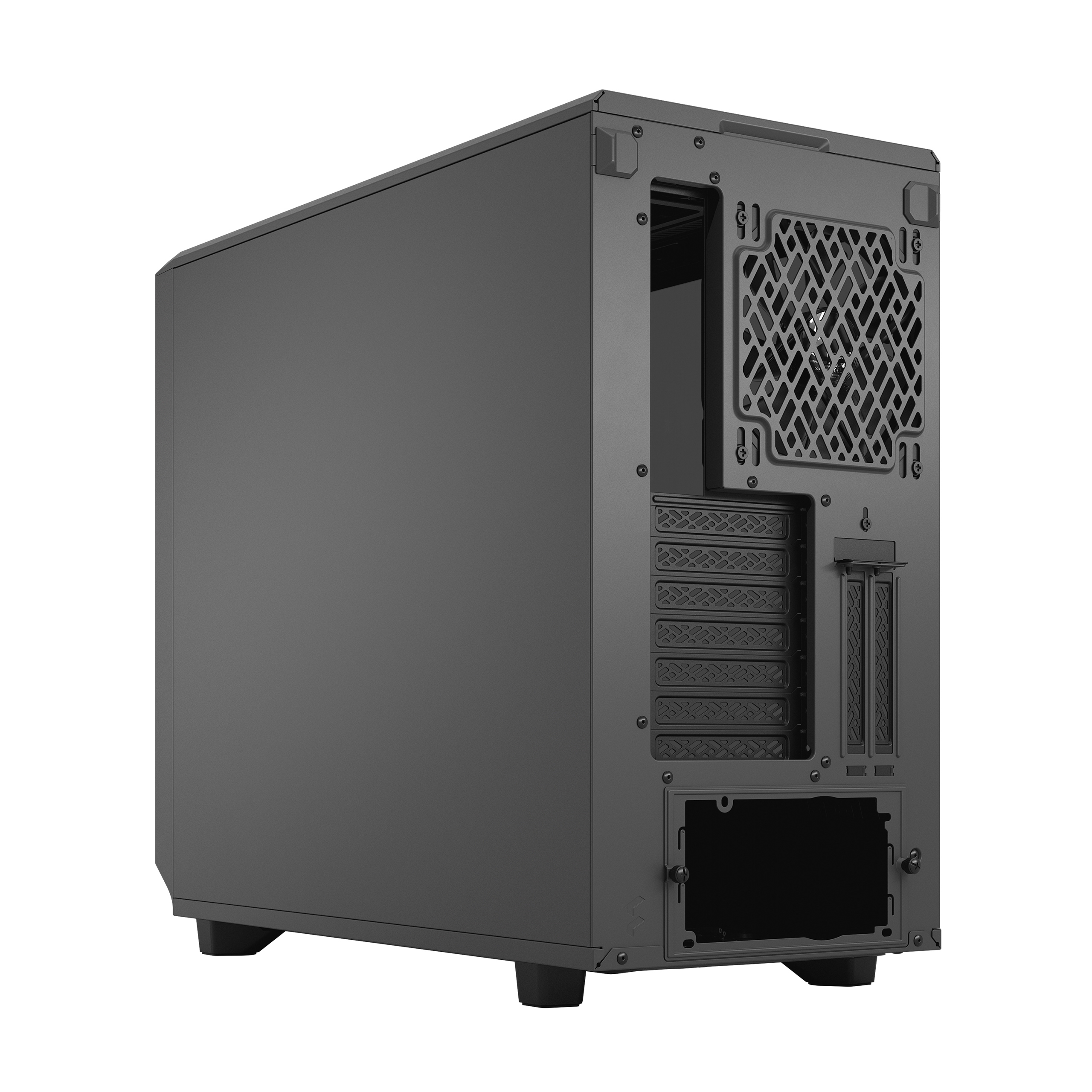 Black computer case with open back panel, showing interior components.