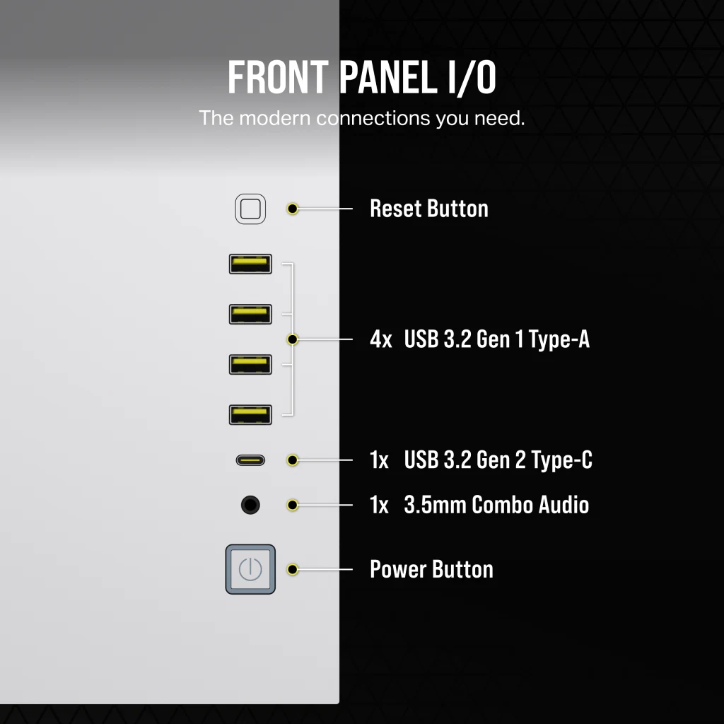 Primer plano del panel frontal de E/S de la carcasa de la PC. Incluye botón de encendido, puertos USB y audio.