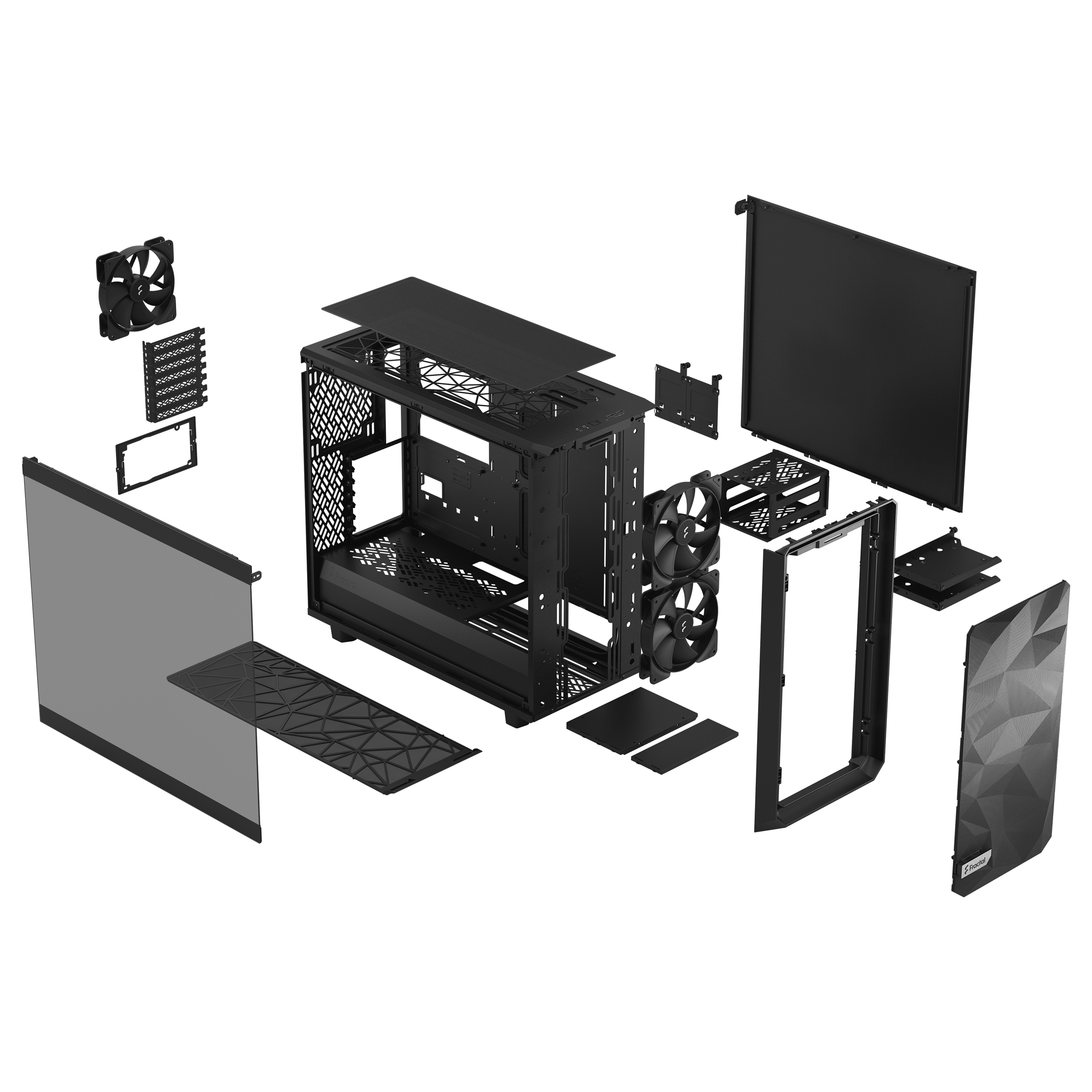 Vista esplosa del case per PC nero. Mostra il case smontato, rivelando tutti i componenti.