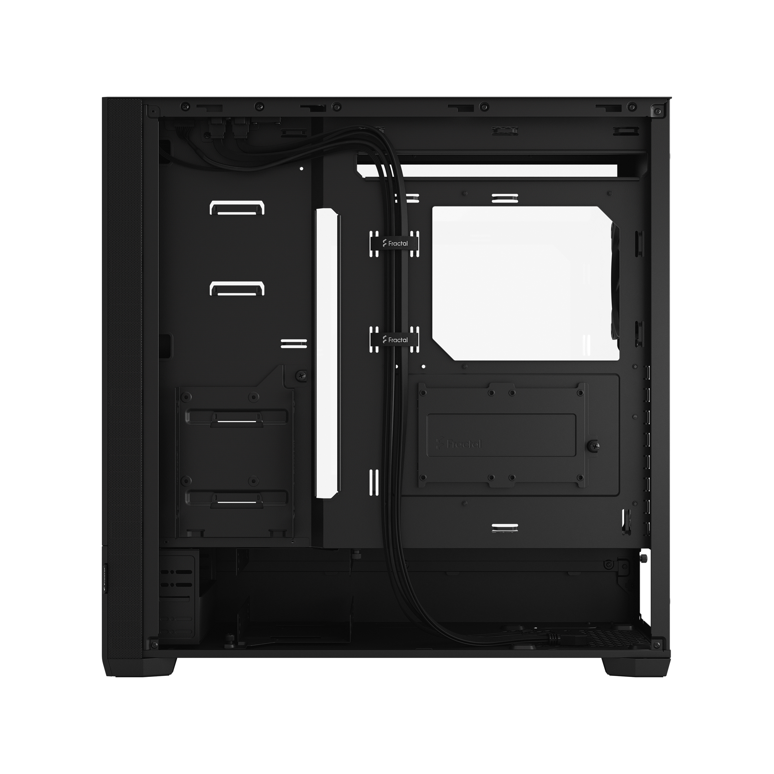 Interno di un case per computer nero, che mostra telaio, gestione dei cavi e aree di montaggio.