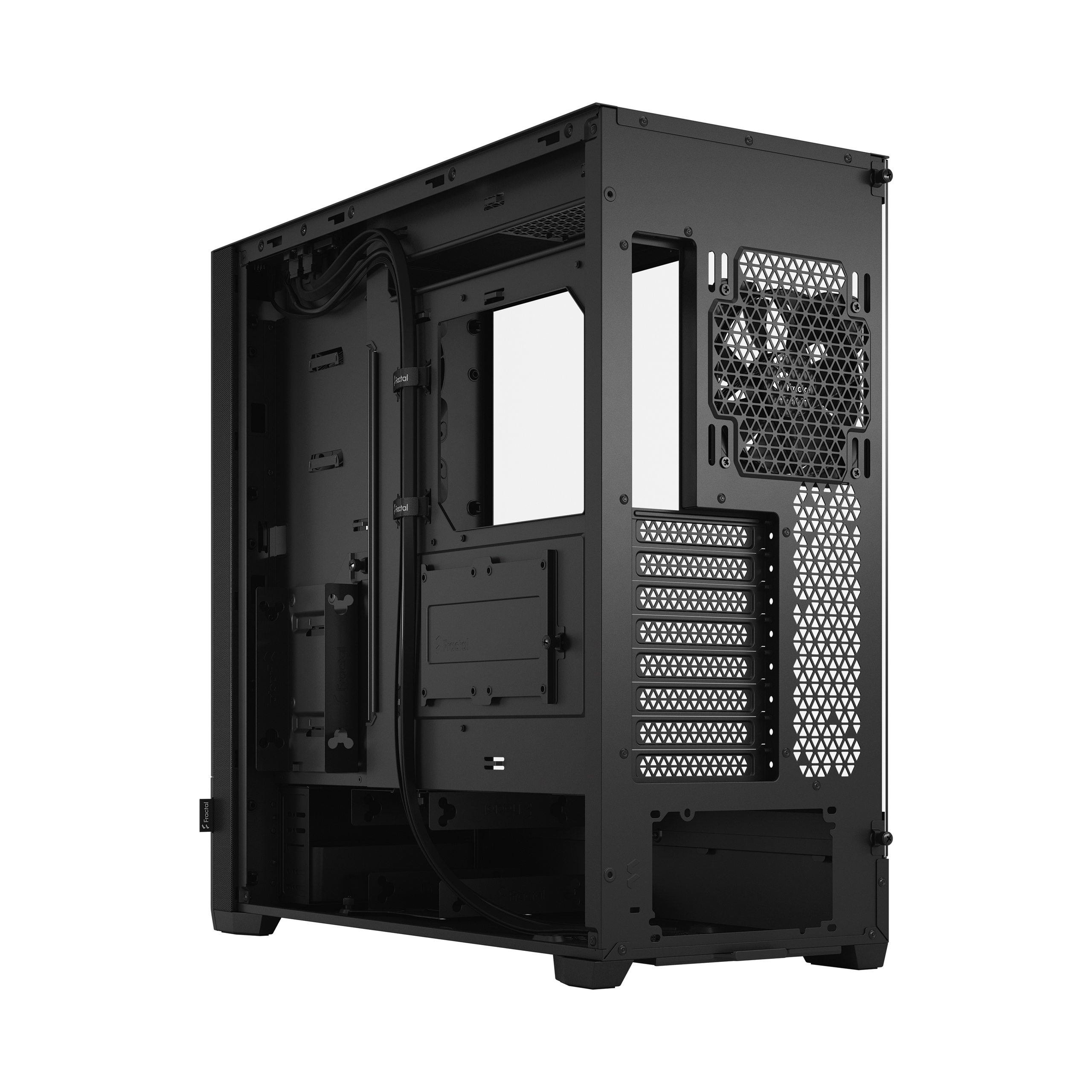 Interno di un case per PC nero. Mostra l'interno con gestione dei cavi e aree di montaggio.