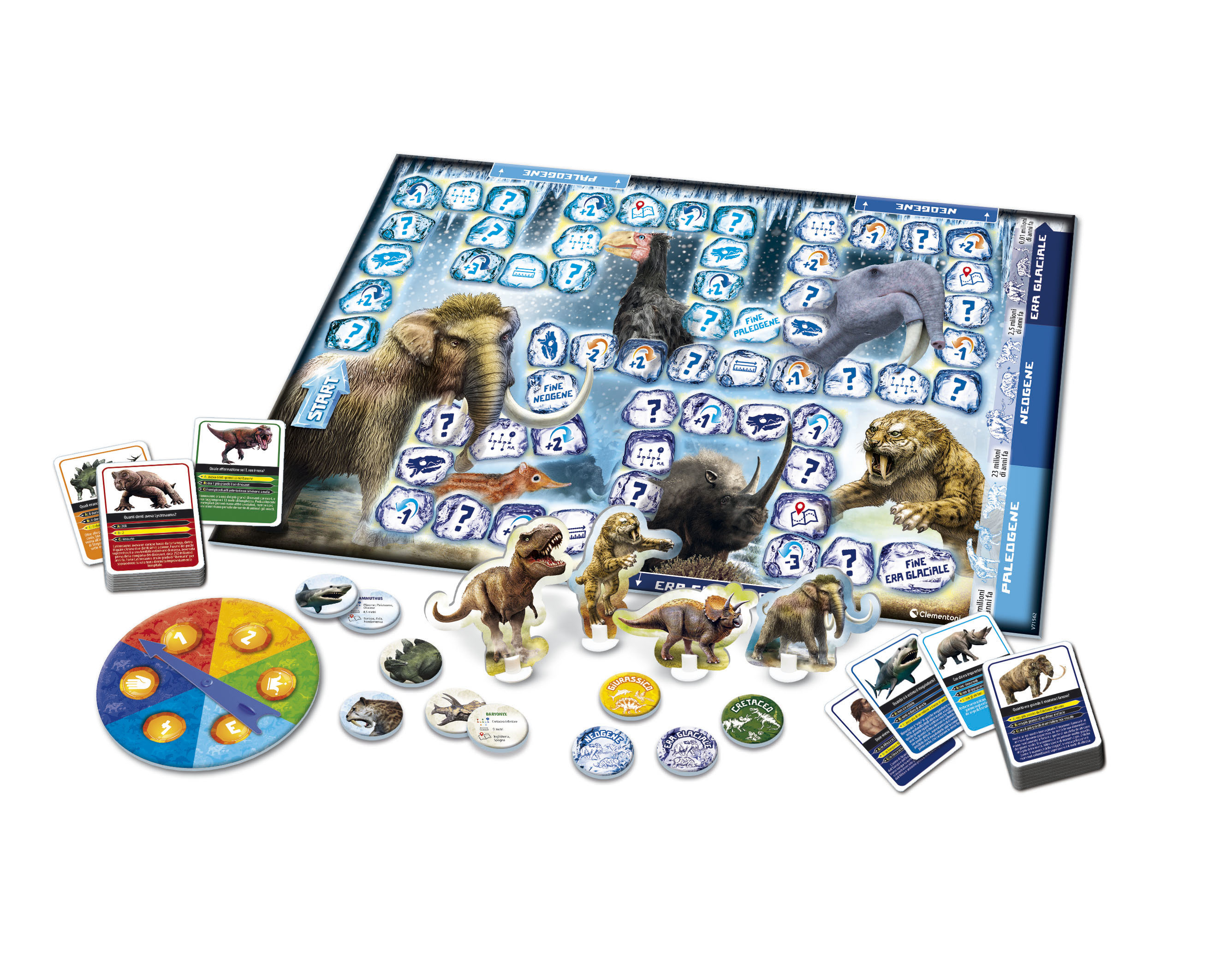 Ein Brettspiel mit Dinosaurierfiguren und Karten. Das Spiel spielt in einer prähistorischen Ära mit Eis und Schnee.